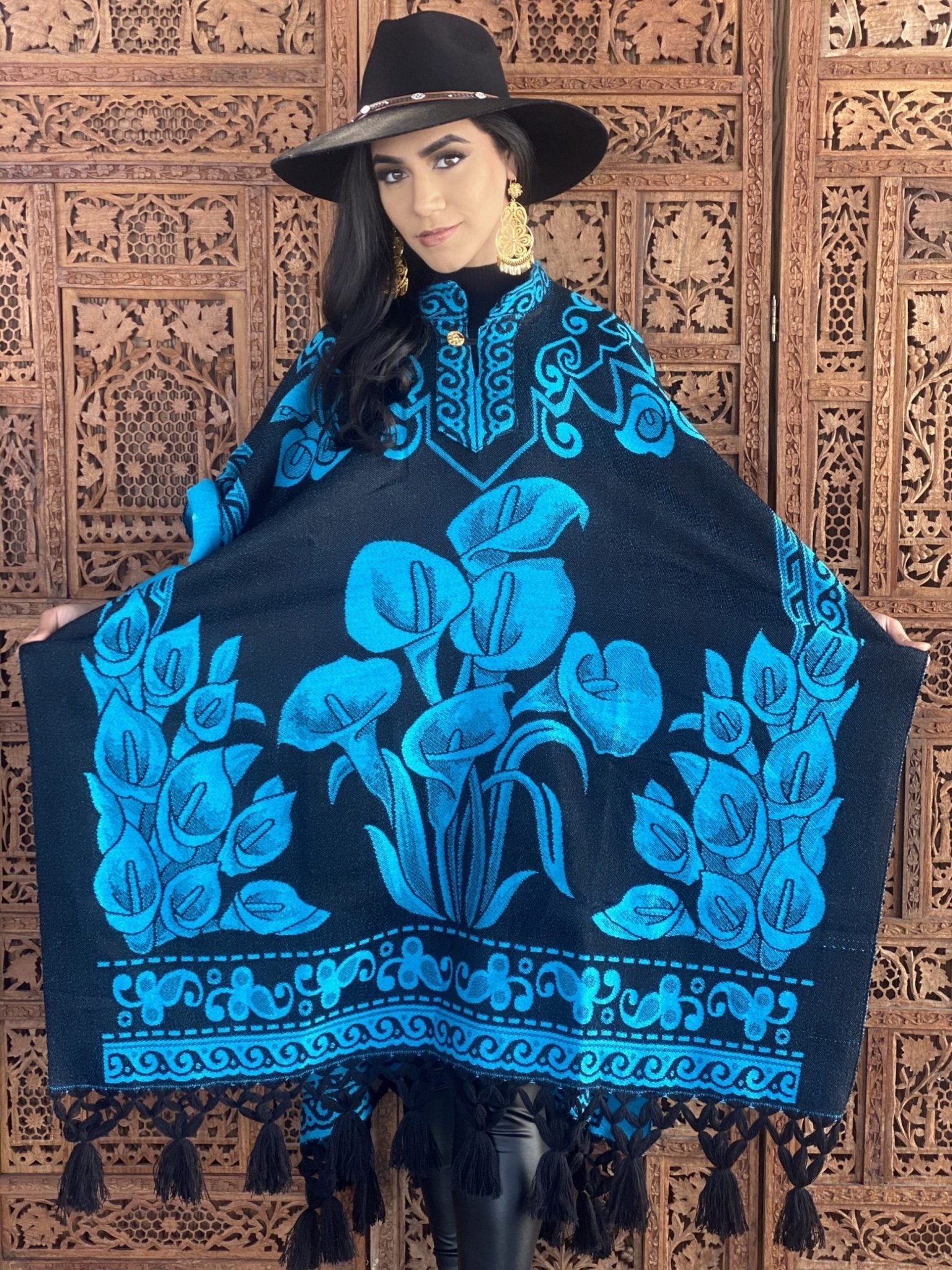 Mexican Traditional Calla Lily Poncho Turquesa