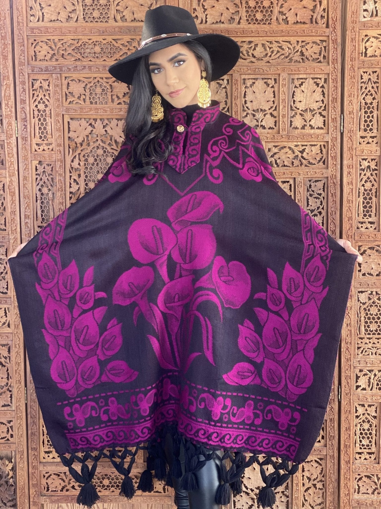 Mexican Traditional Calla Lily Poncho Magenta