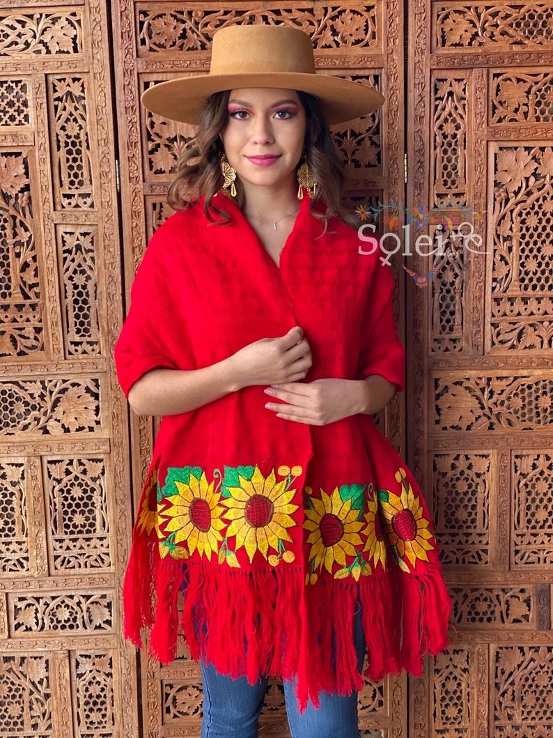 Mexican Traditional Embroidered Shawl. Rebozo Girasoles - Solei Store