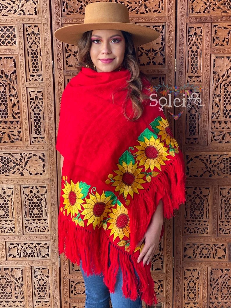 Mexican Traditional Embroidered Shawl. Rebozo Girasoles - Solei Store