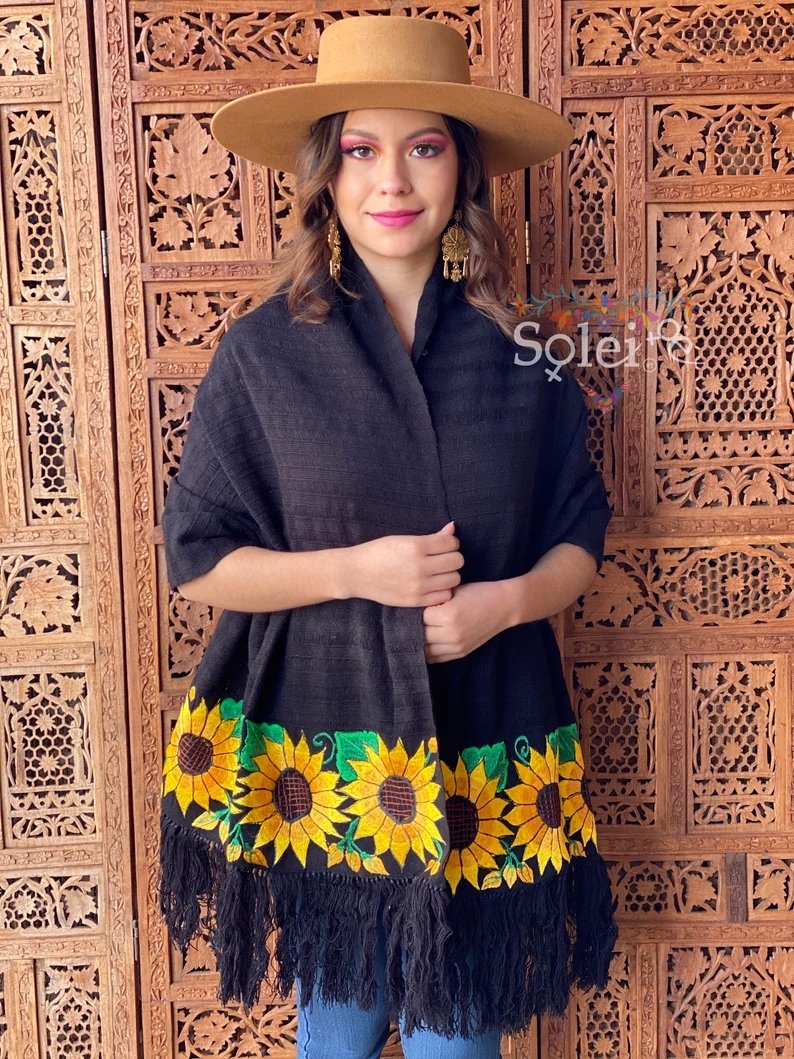 Mexican Traditional Embroidered Shawl. Rebozo Girasoles - Solei Store