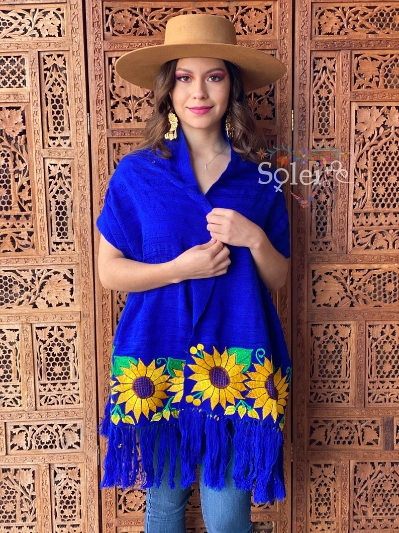 Mexican Traditional Embroidered Shawl. Rebozo Girasoles - Solei Store