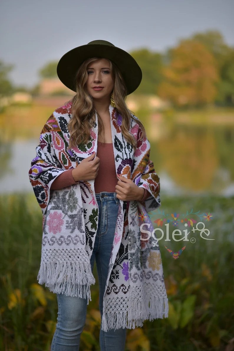 Mexican Traditional Embroidered Shawl. Rebozo Pavo Doble - Solei Store