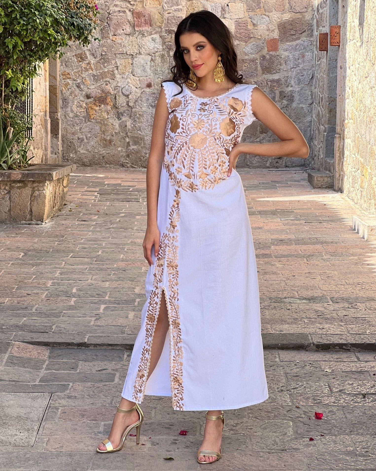 Mexican Traditional Long Dress. Julia Golden Dress - Solei Store
