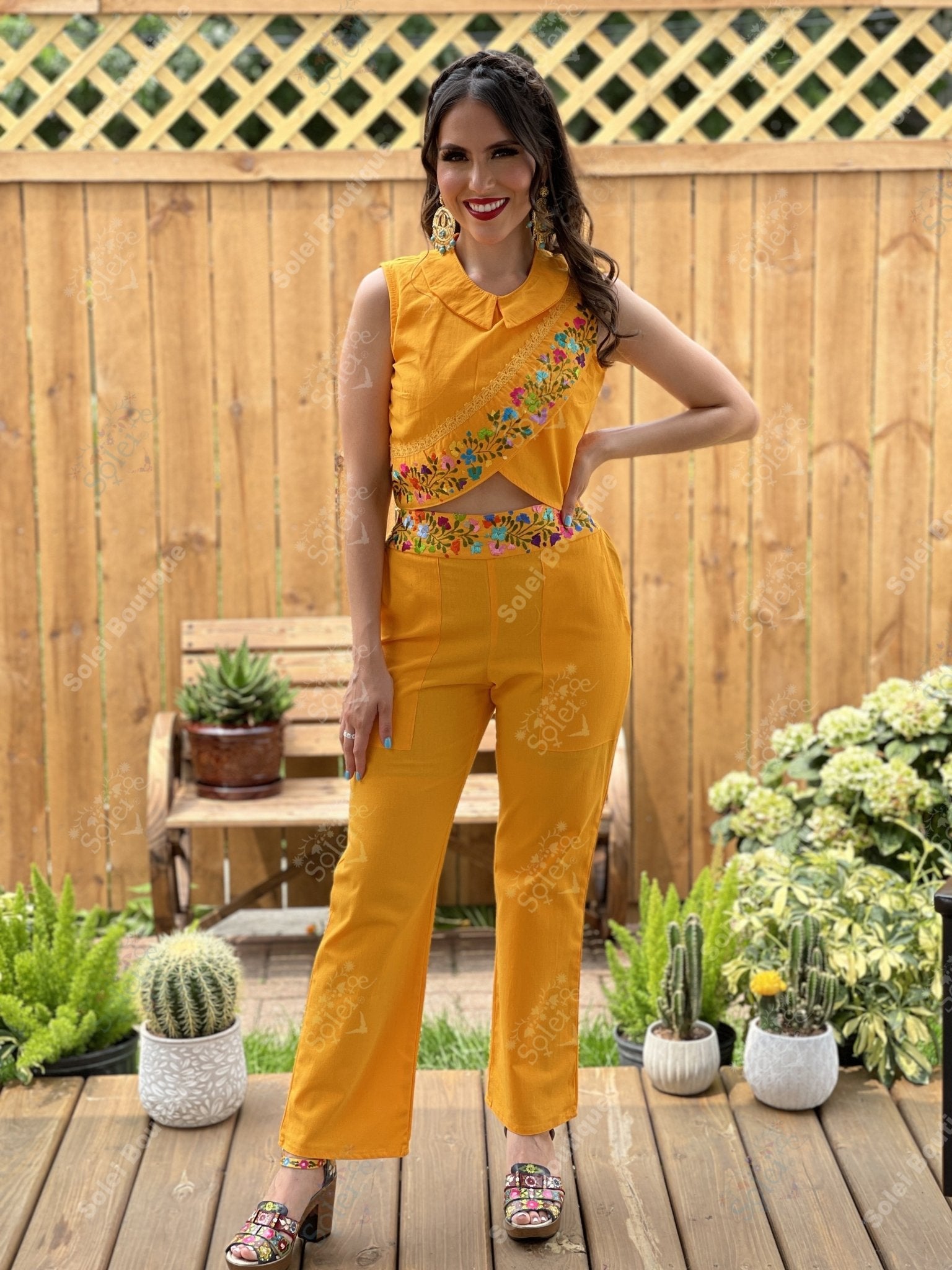 Mexican Two Piece Jumpsuit Leonora. Hand Embroidered Floral Jumpsuit. - Solei Store