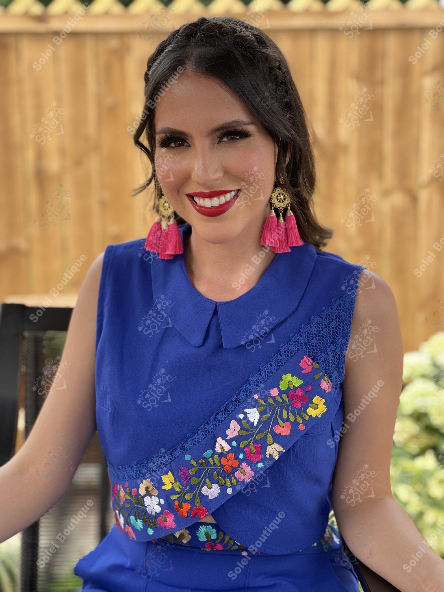 Mexican Two Piece Jumpsuit Leonora. Hand Embroidered Floral Jumpsuit. - Solei Store