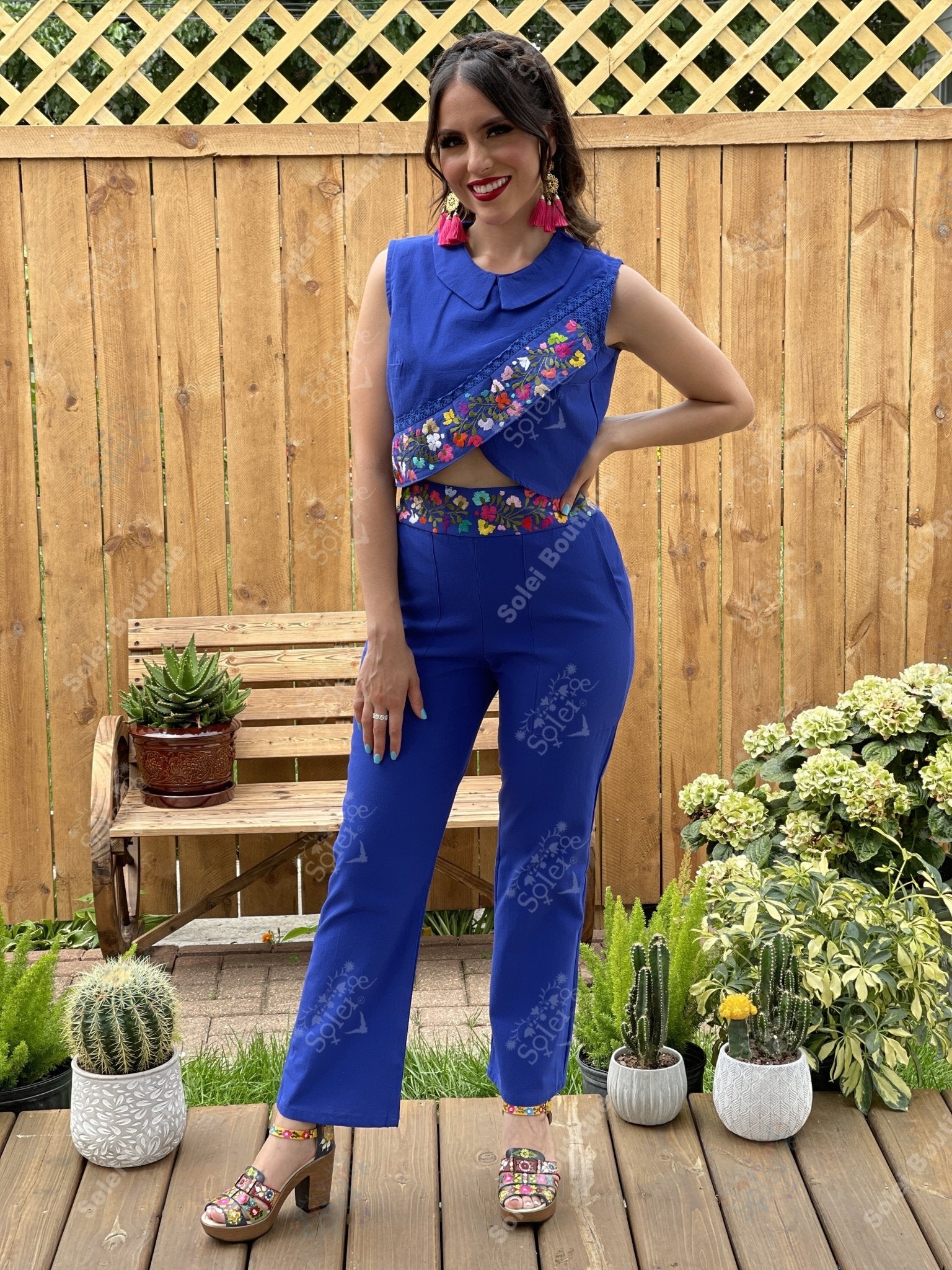 Mexican Two Piece Jumpsuit Leonora. Hand Embroidered Floral Jumpsuit. - Solei Store