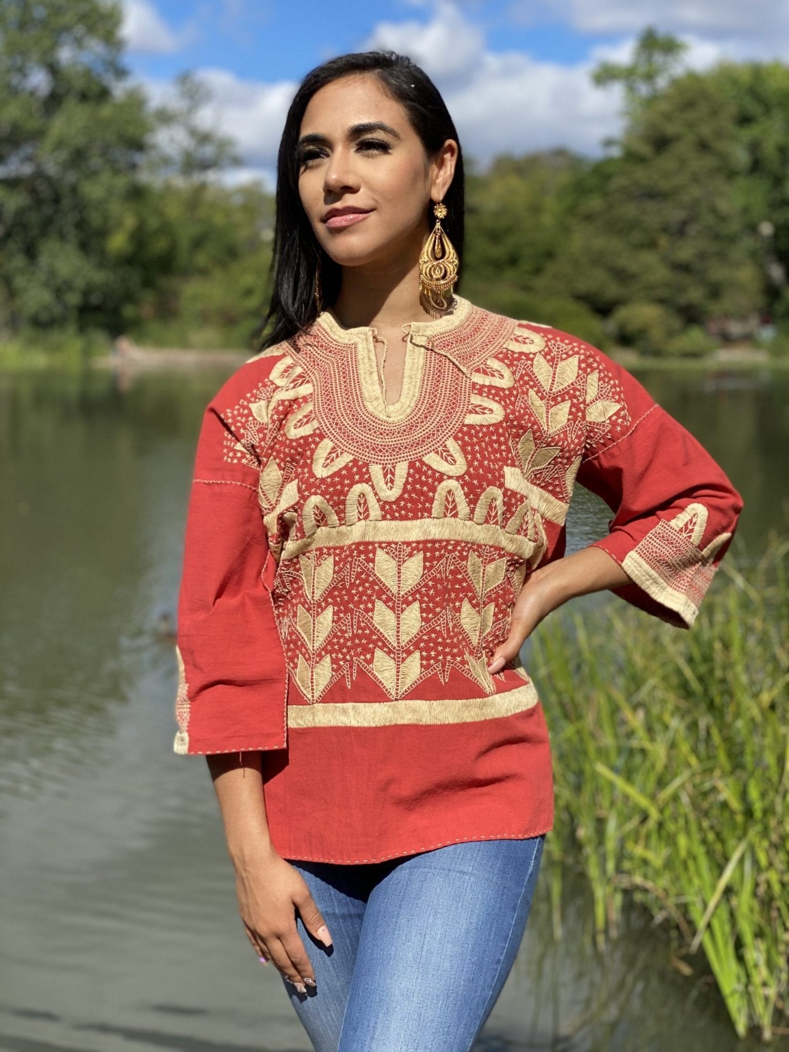 Milpas Dorada Blouse 3/4 sleeve blouse. Lace up blouse. Hand embroidered Mexican design in gold color. - Solei Store
