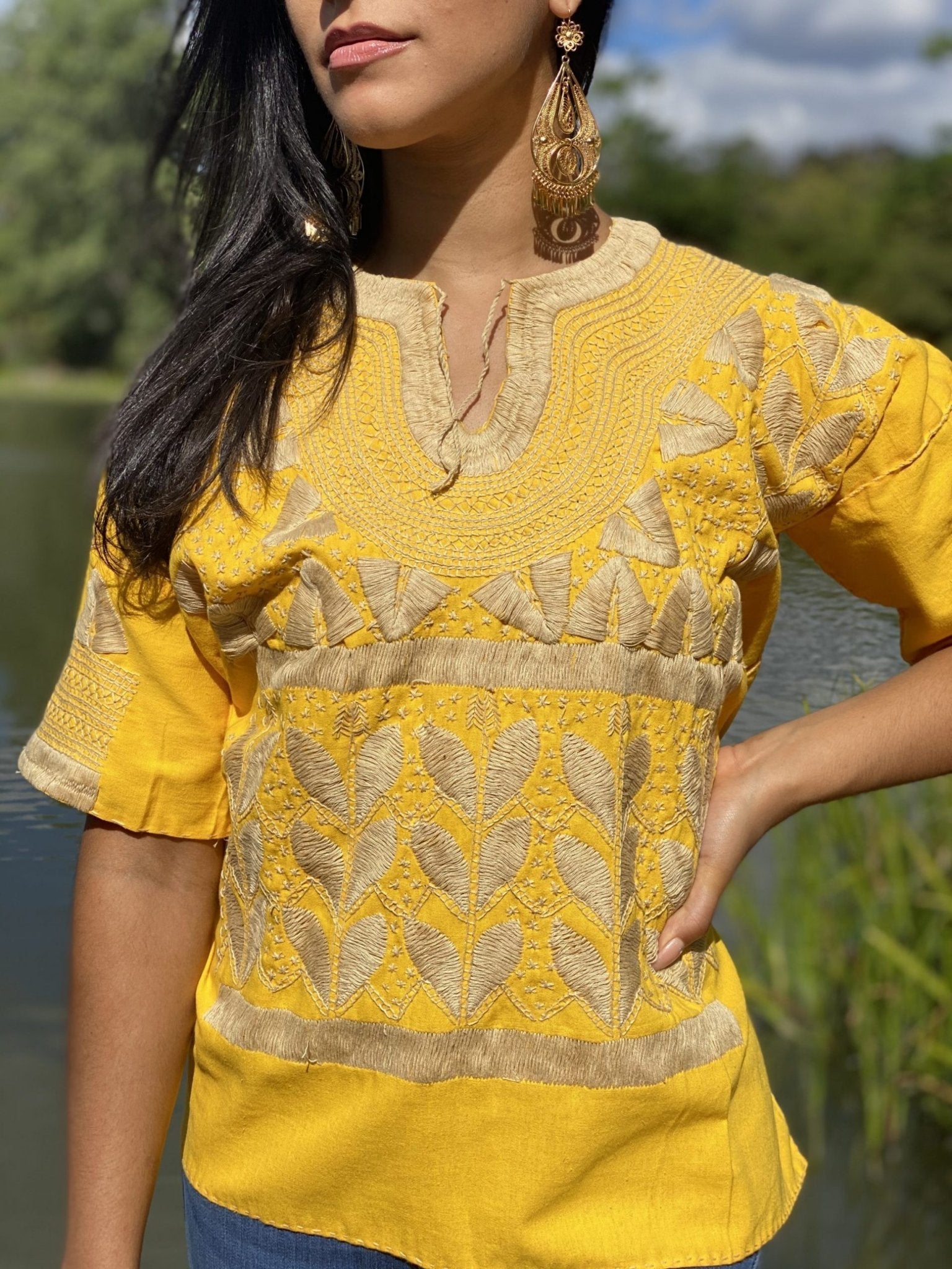 Milpas Dorada Blouse 3/4 sleeve blouse. Lace up blouse. Hand embroidered Mexican design in gold color. - Solei Store