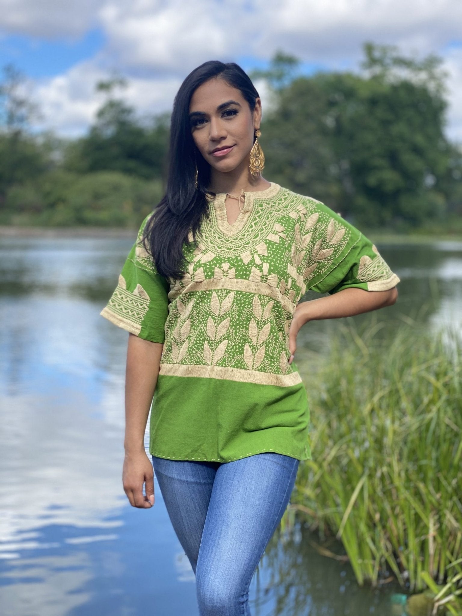 Milpas Dorada Blouse 3/4 sleeve blouse. Lace up blouse. Hand embroidered Mexican design in gold color. - Solei Store