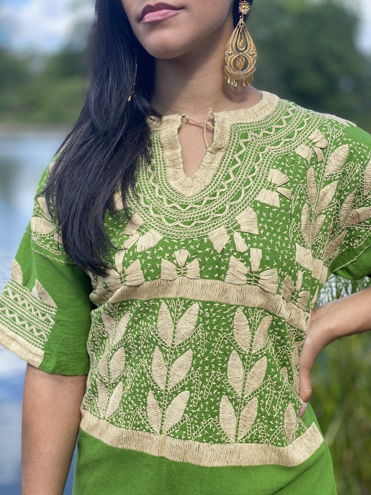 Milpas Dorada Blouse 3/4 sleeve blouse. Lace up blouse. Hand embroidered Mexican design in gold color. - Solei Store