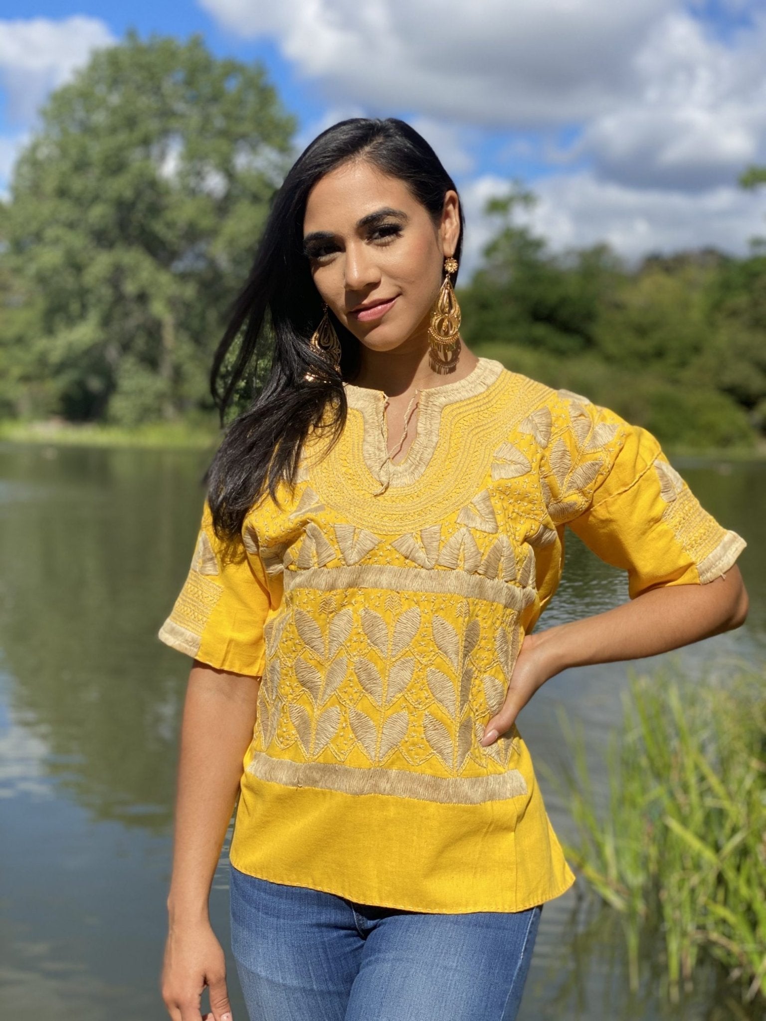 Milpas Dorada Blouse 3/4 sleeve blouse. Lace up blouse. Hand embroidered Mexican design in gold color. - Solei Store