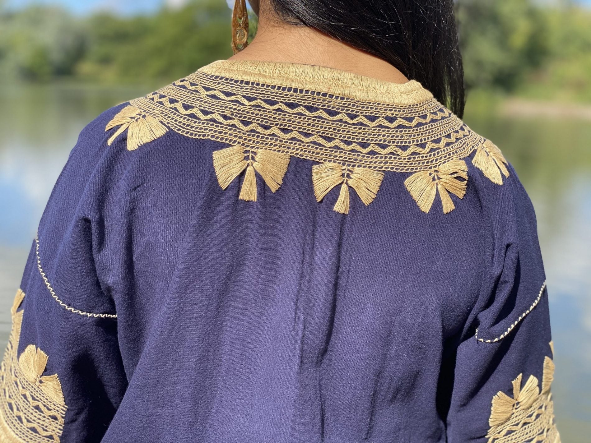 Milpas Dorada Blouse 3/4 sleeve blouse. Lace up blouse. Hand embroidered Mexican design in gold color. - Solei Store