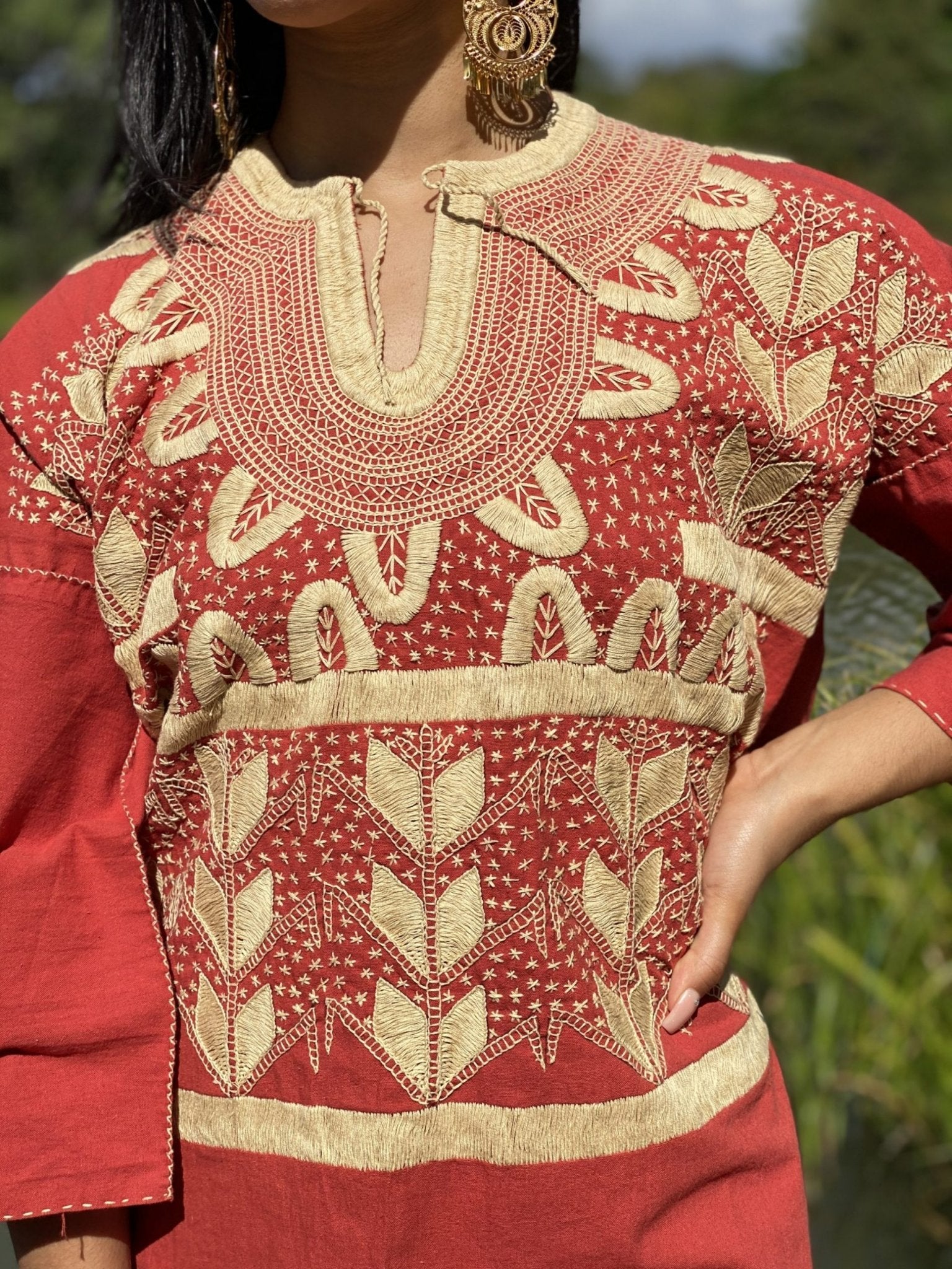 Milpas Dorada Blouse 3/4 sleeve blouse. Lace up blouse. Hand embroidered Mexican design in gold color. - Solei Store