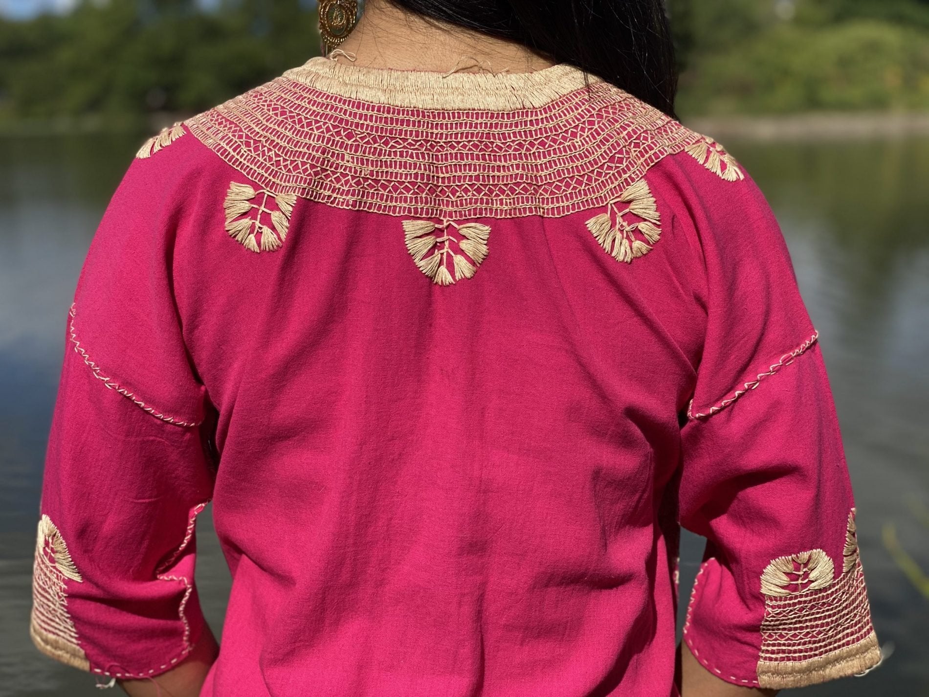 Milpas Dorada Blouse 3/4 sleeve blouse. Lace up blouse. Hand embroidered Mexican design in gold color. - Solei Store