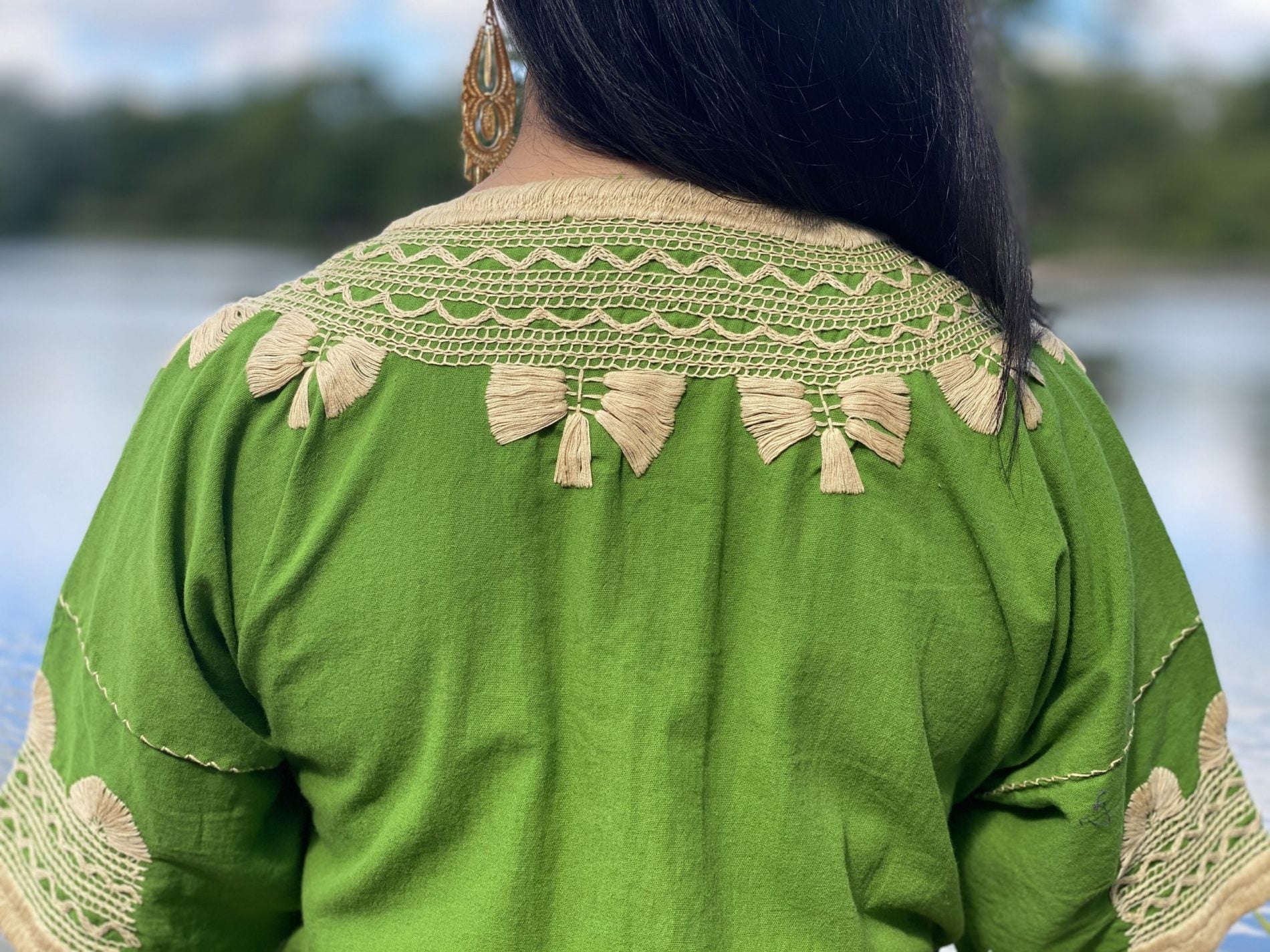 Milpas Dorada Blouse 3/4 sleeve blouse. Lace up blouse. Hand embroidered Mexican design in gold color. - Solei Store