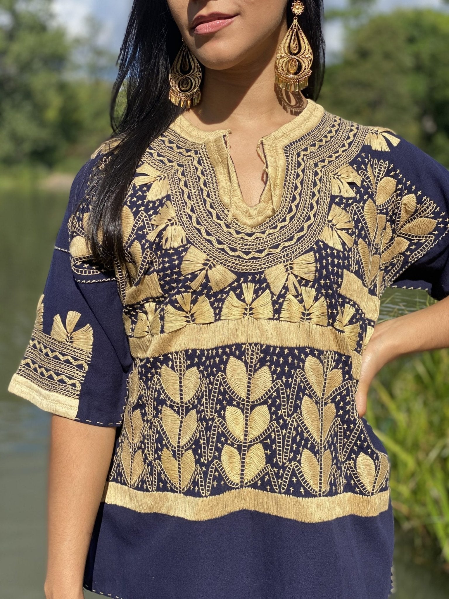 Milpas Dorada Blouse 3/4 sleeve blouse. Lace up blouse. Hand embroidered Mexican design in gold color. - Solei Store