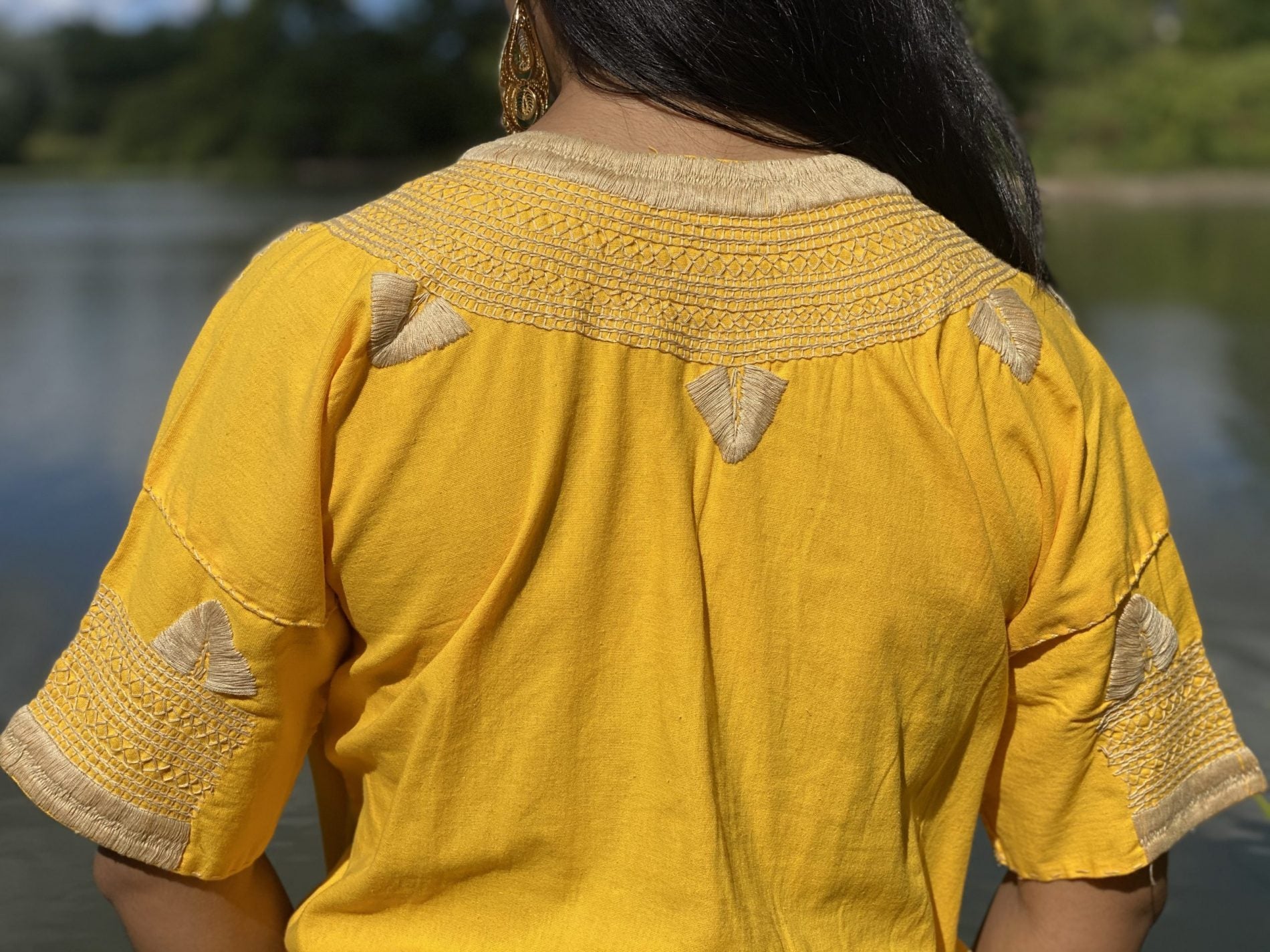 Milpas Dorada Blouse 3/4 sleeve blouse. Lace up blouse. Hand embroidered Mexican design in gold color. - Solei Store