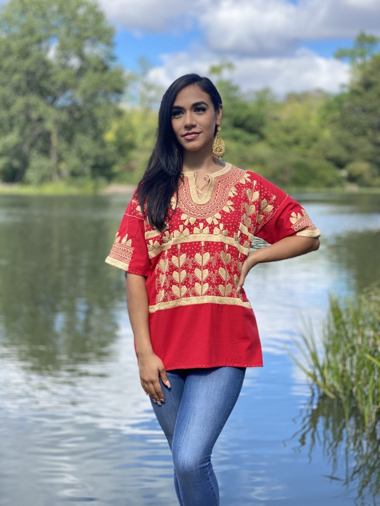 Milpas Dorada Blouse 3/4 sleeve blouse. Lace up blouse. Hand embroidered Mexican design in gold color. - Solei Store