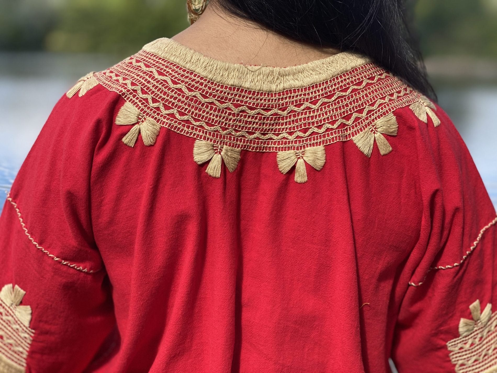 Milpas Dorada Blouse 3/4 sleeve blouse. Lace up blouse. Hand embroidered Mexican design in gold color. - Solei Store