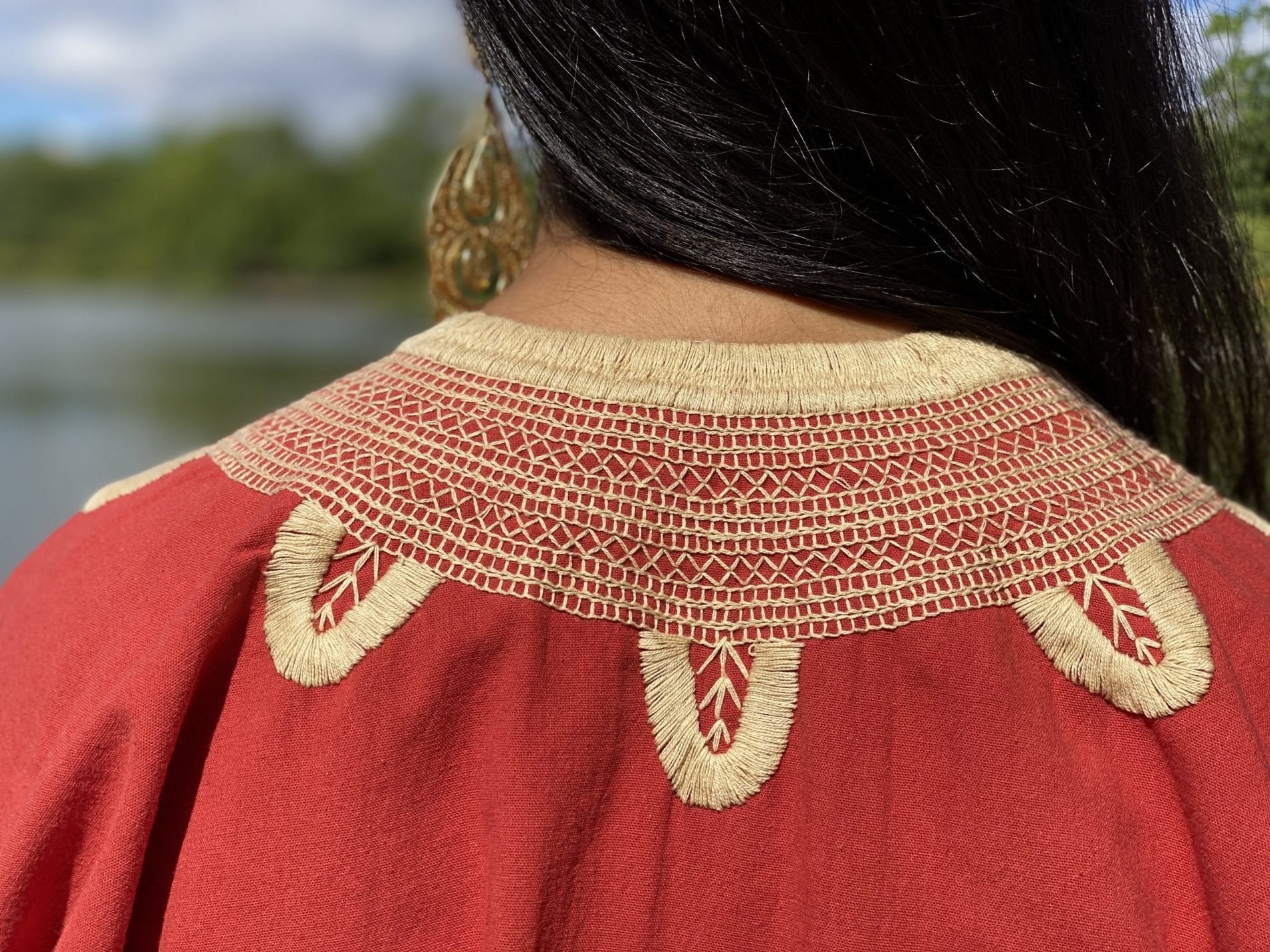 Milpas Dorada Blouse 3/4 sleeve blouse. Lace up blouse. Hand embroidered Mexican design in gold color. - Solei Store