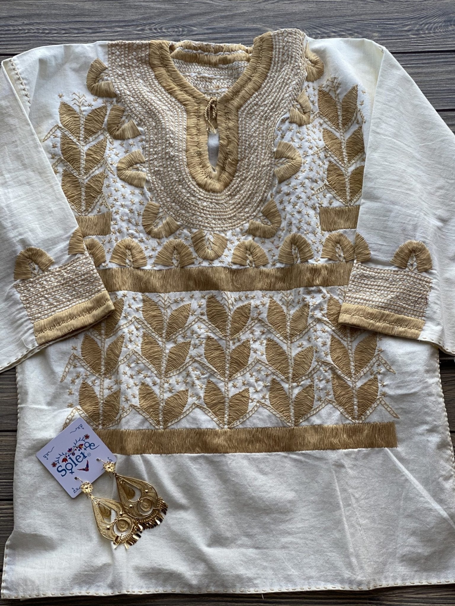 Milpas Dorada Blouse 3/4 sleeve blouse. Lace up blouse. Hand embroidered Mexican design in gold color. - Solei Store