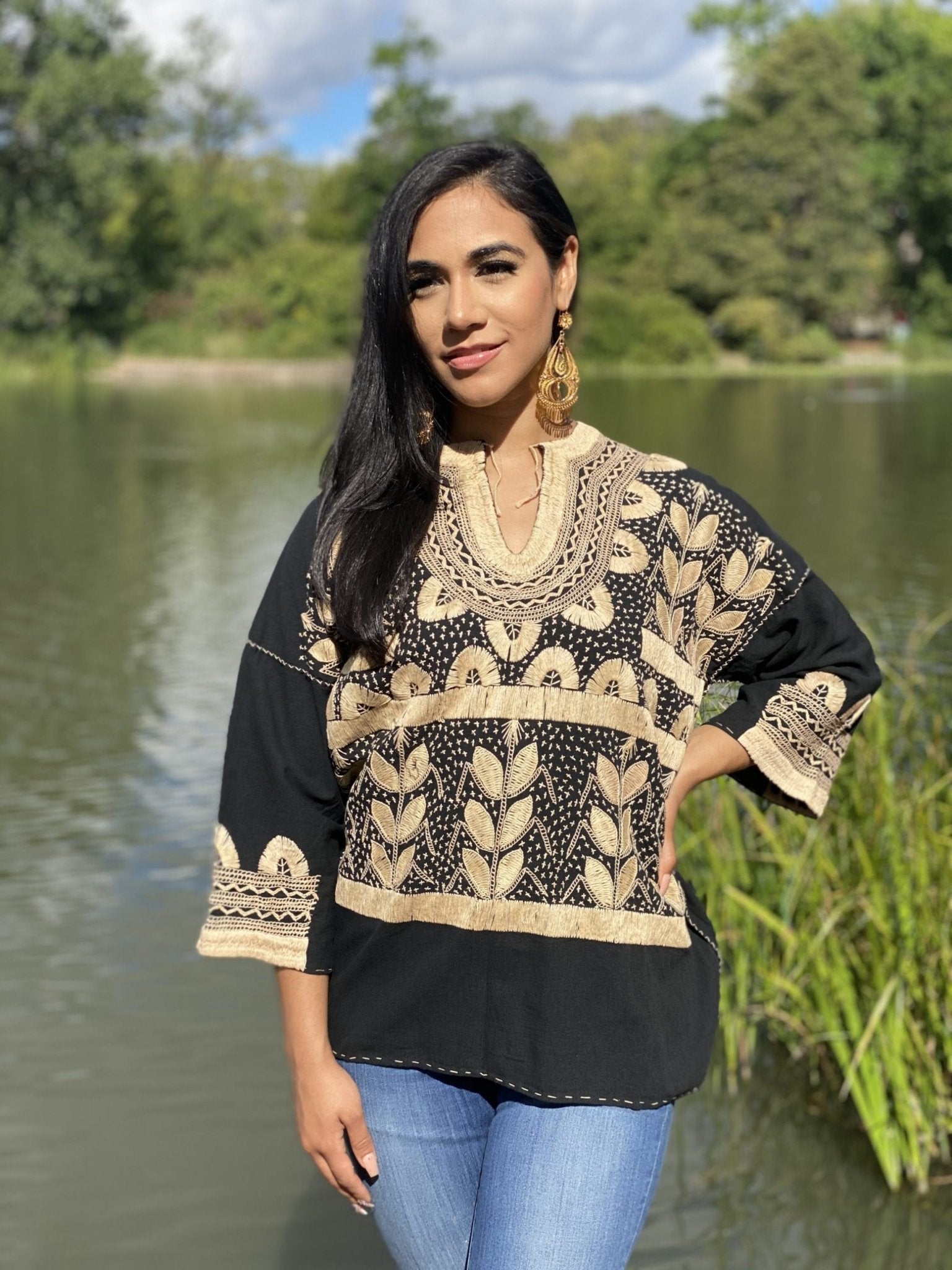 Milpas Dorada Blouse 3/4 sleeve blouse. Lace up blouse. Hand embroidered Mexican design in gold color. - Solei Store