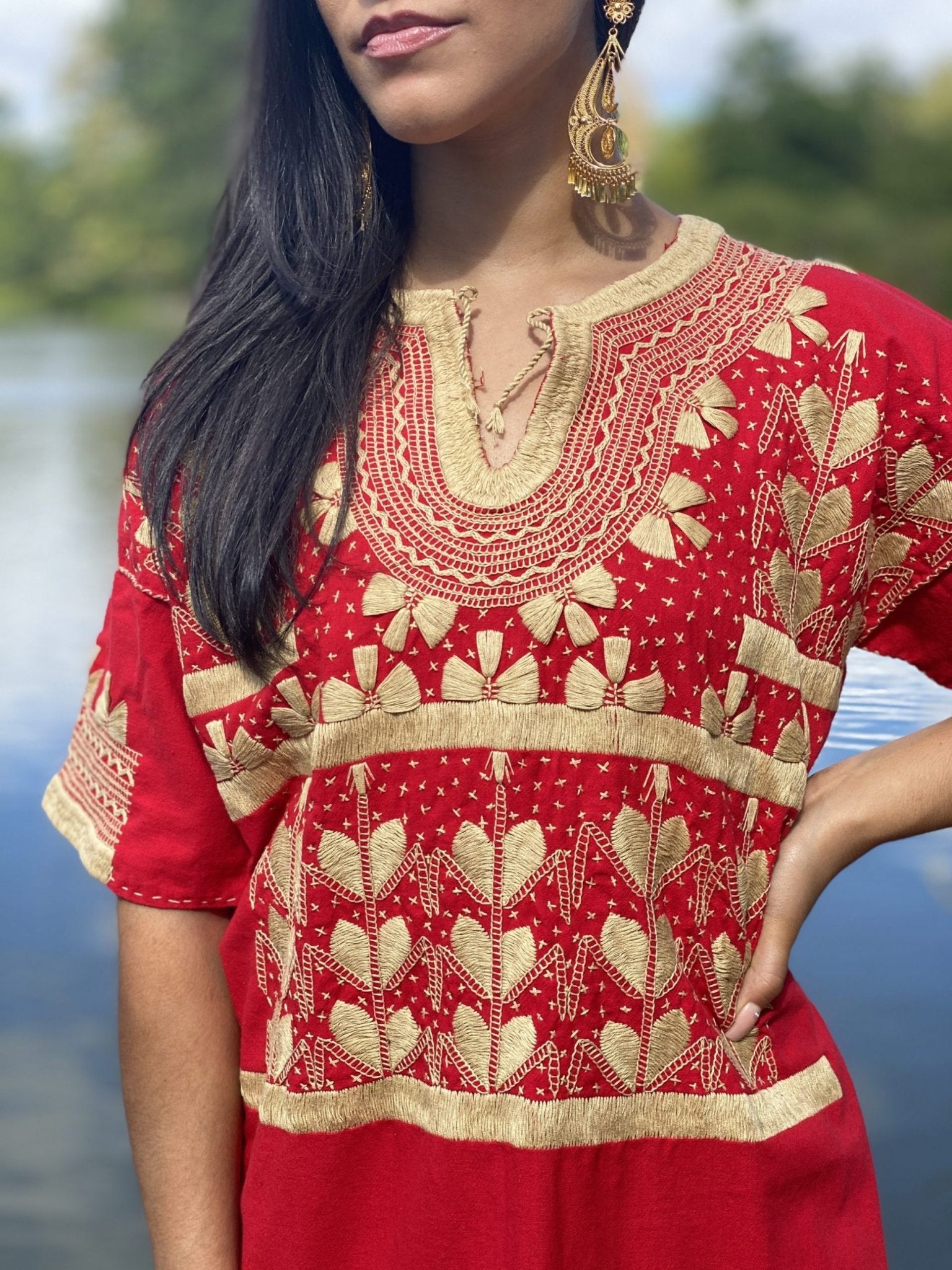Milpas Dorada Blouse 3/4 sleeve blouse. Lace up blouse. Hand embroidered Mexican design in gold color. - Solei Store