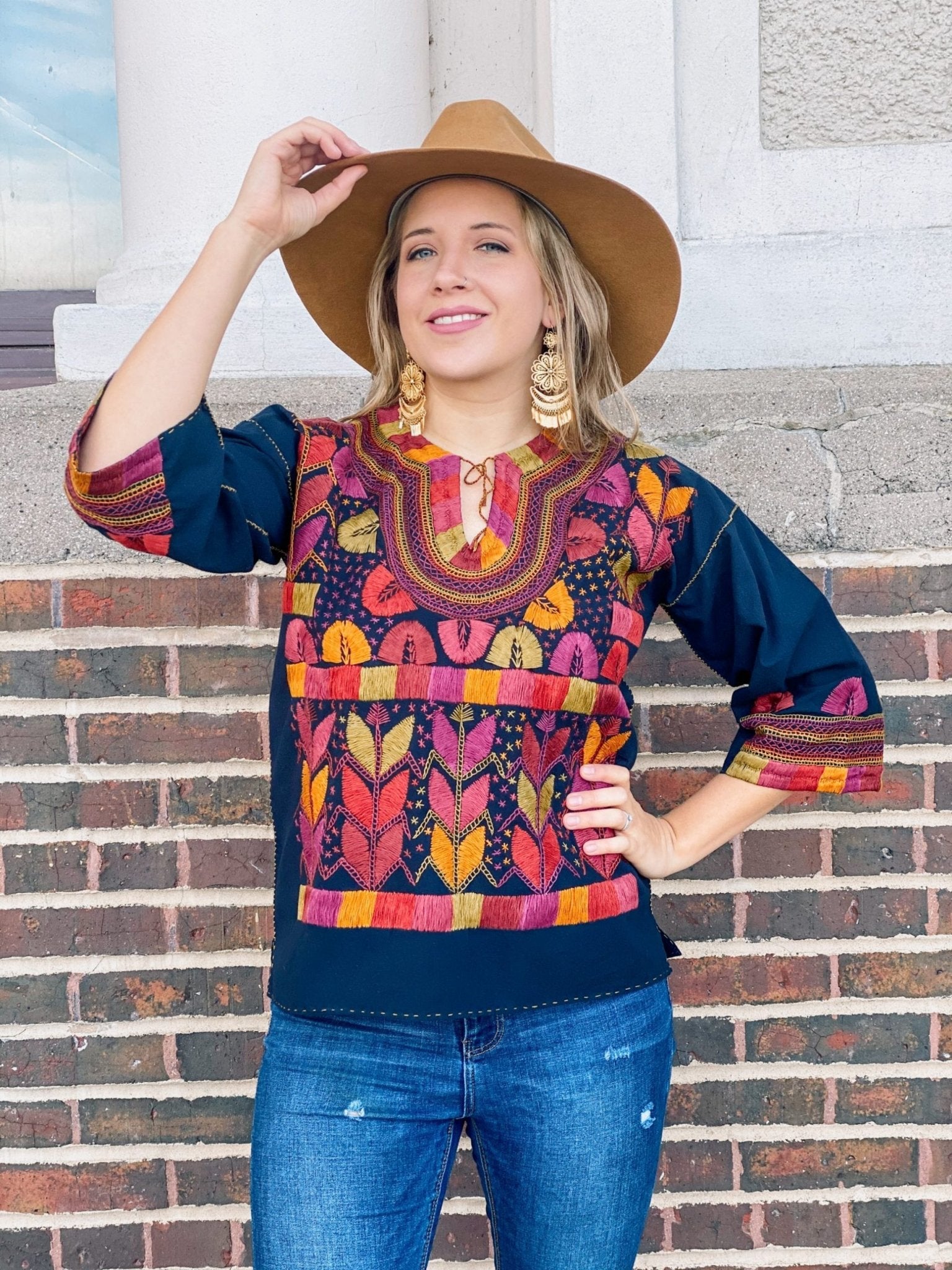 Milpas Multicolor Blouse 3/4 sleeve blouse. Lace up blouse. Hand embroidered Mexican colorful design - Solei Store