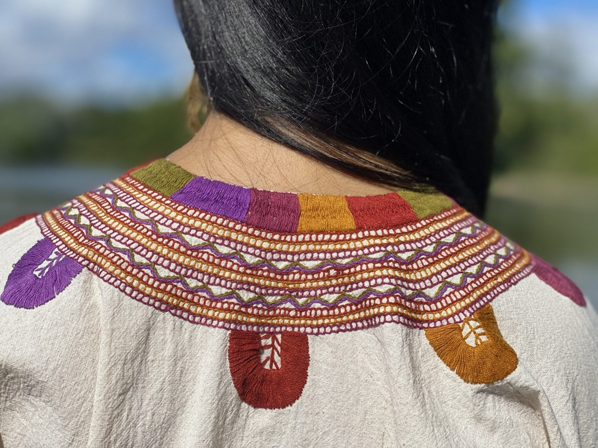 Milpas Multicolor Blouse 3/4 sleeve blouse. Lace up blouse. Hand embroidered Mexican colorful design - Solei Store