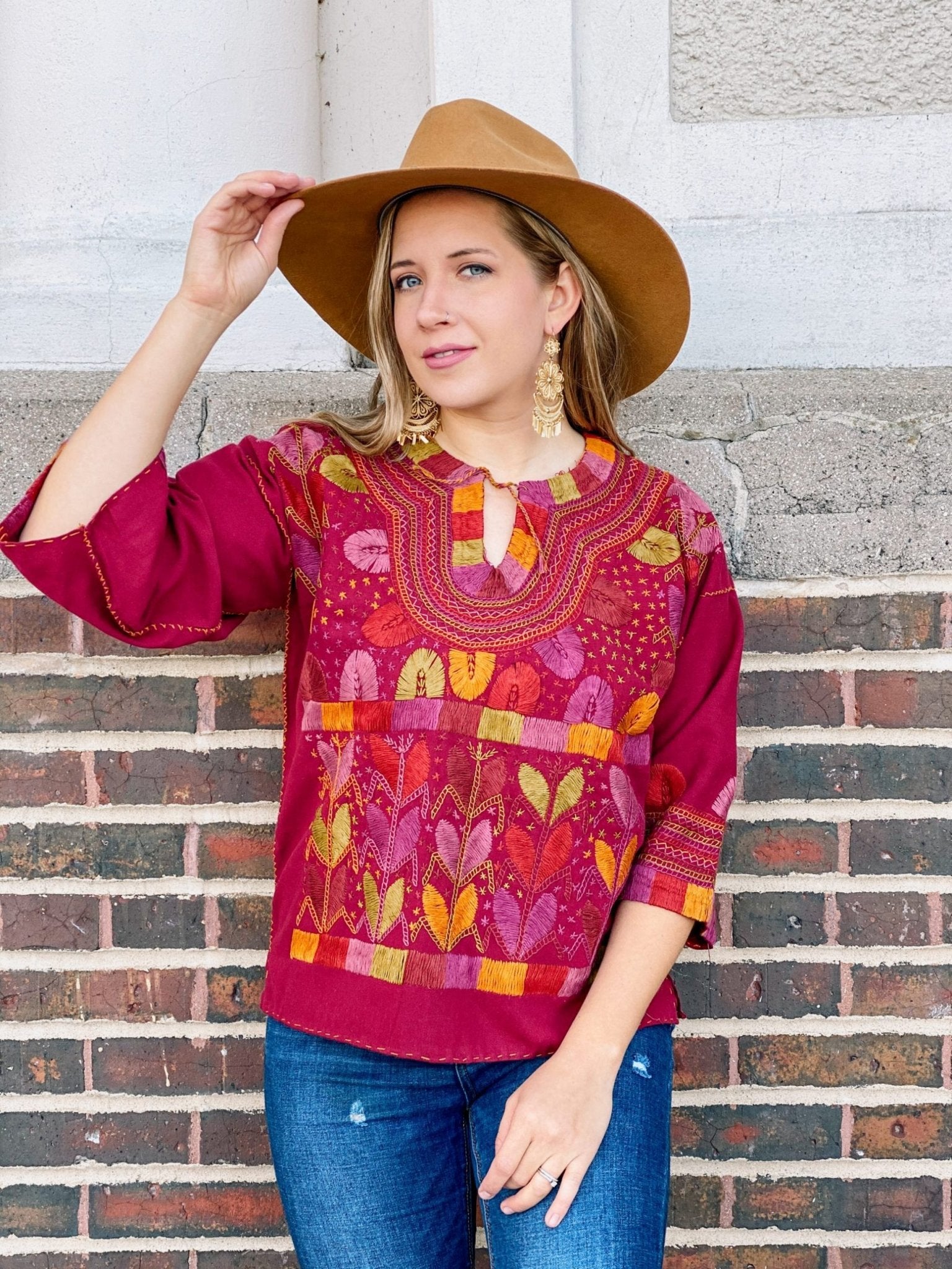 Milpas Multicolor Blouse 3/4 sleeve blouse. Lace up blouse. Hand embroidered Mexican colorful design - Solei Store