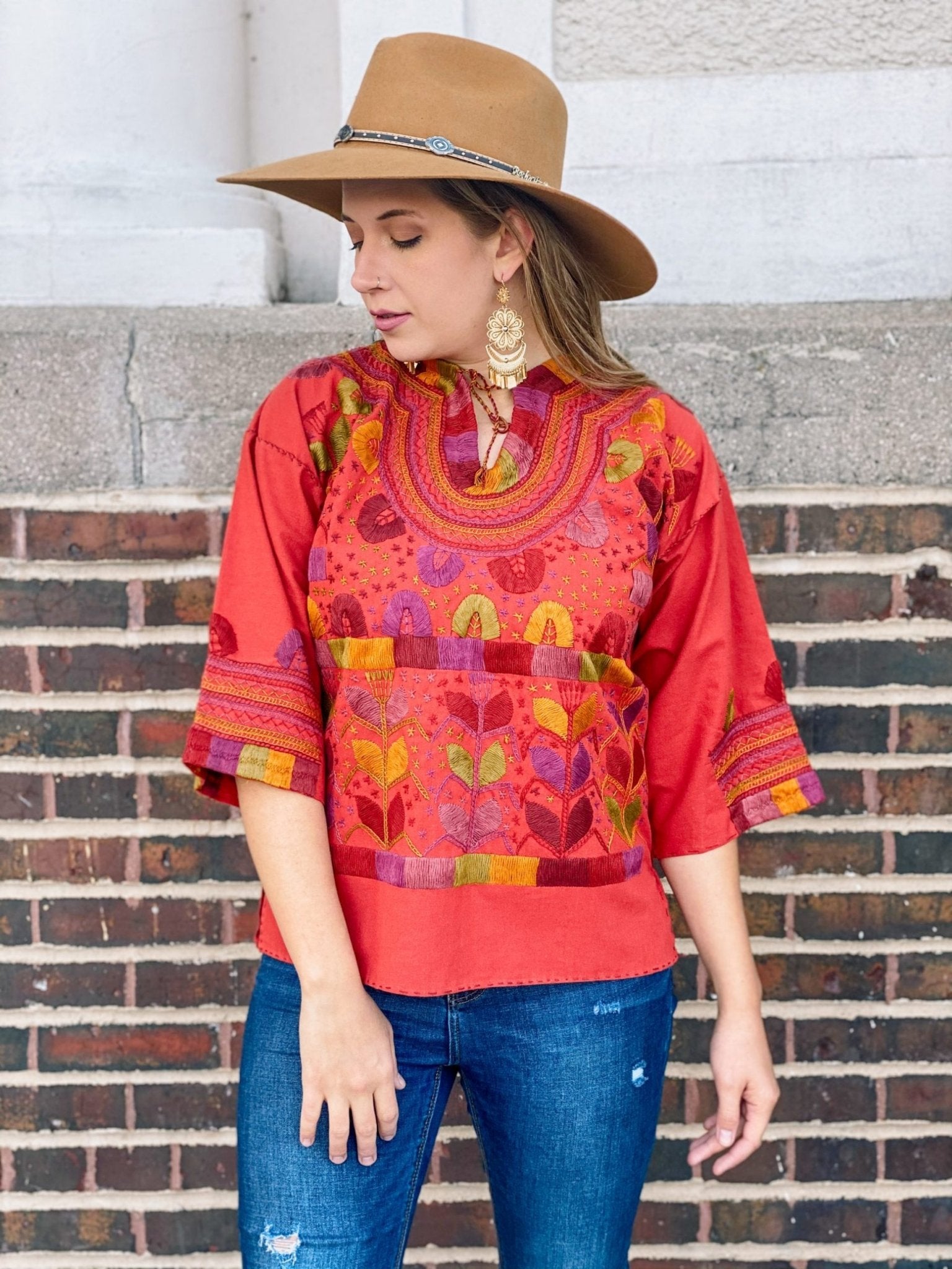 Milpas Multicolor Blouse 3/4 sleeve blouse. Lace up blouse. Hand embroidered Mexican colorful design - Solei Store