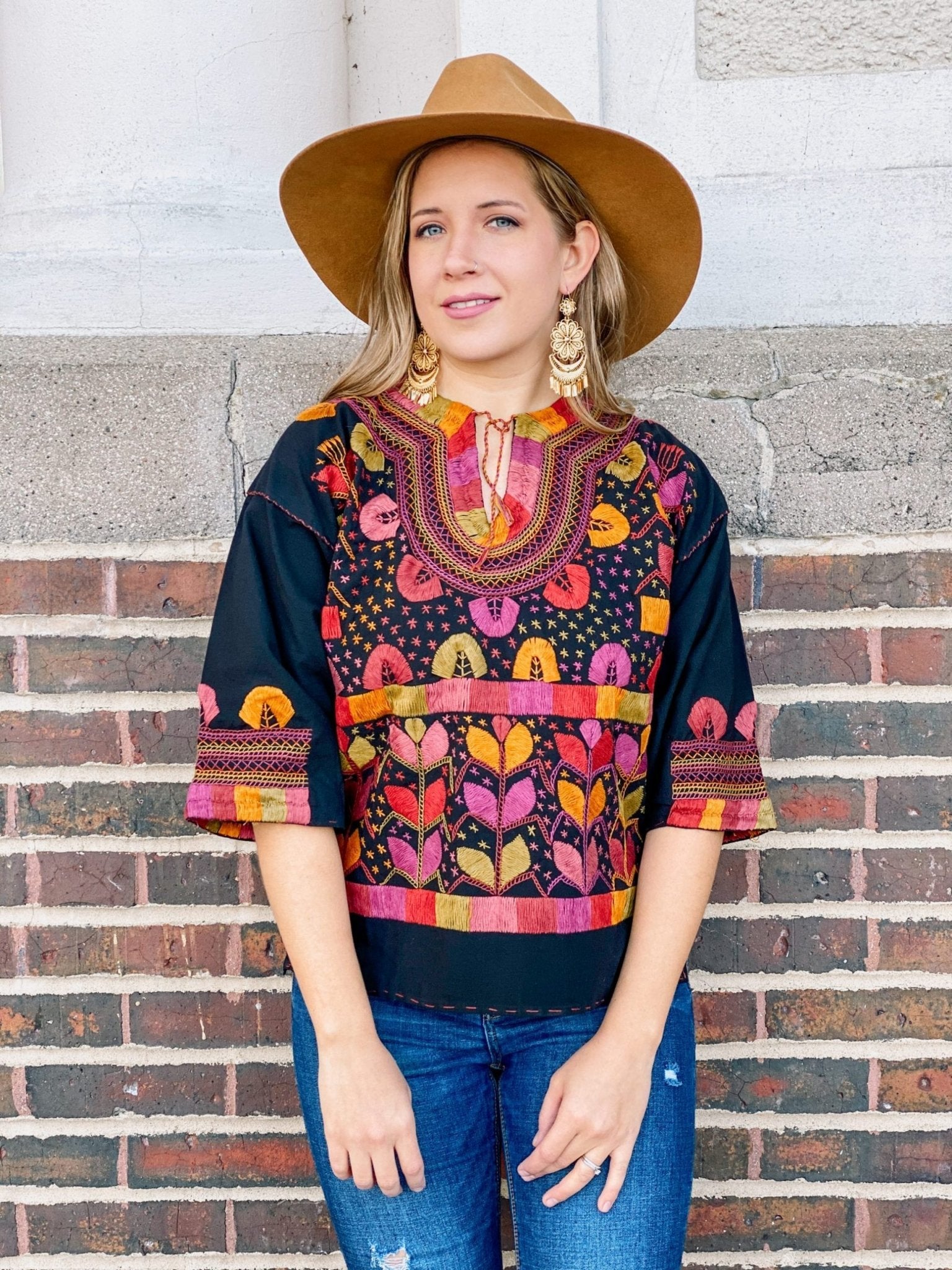 Milpas Multicolor Blouse 3/4 sleeve blouse. Lace up blouse. Hand embroidered Mexican colorful design - Solei Store