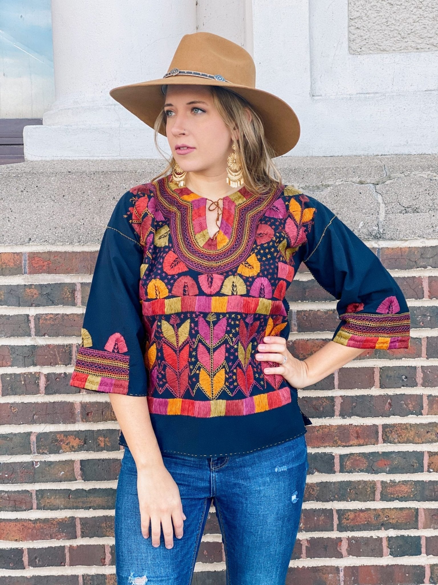 Milpas Multicolor Blouse 3/4 sleeve blouse. Lace up blouse. Hand embroidered Mexican colorful design - Solei Store