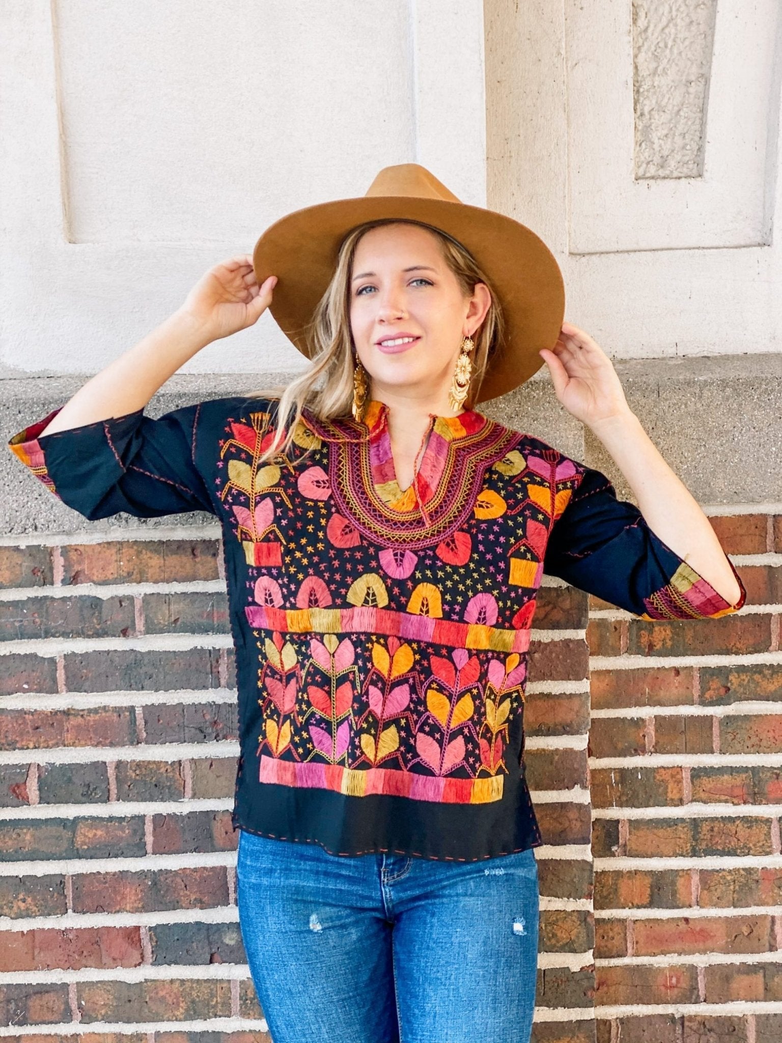 Milpas Multicolor Blouse 3/4 sleeve blouse. Lace up blouse. Hand embroidered Mexican colorful design - Solei Store