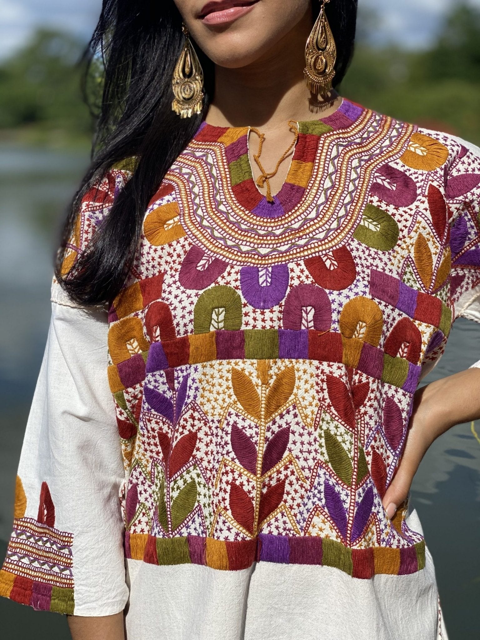 Milpas Multicolor Blouse 3/4 sleeve blouse. Lace up blouse. Hand embroidered Mexican colorful design - Solei Store