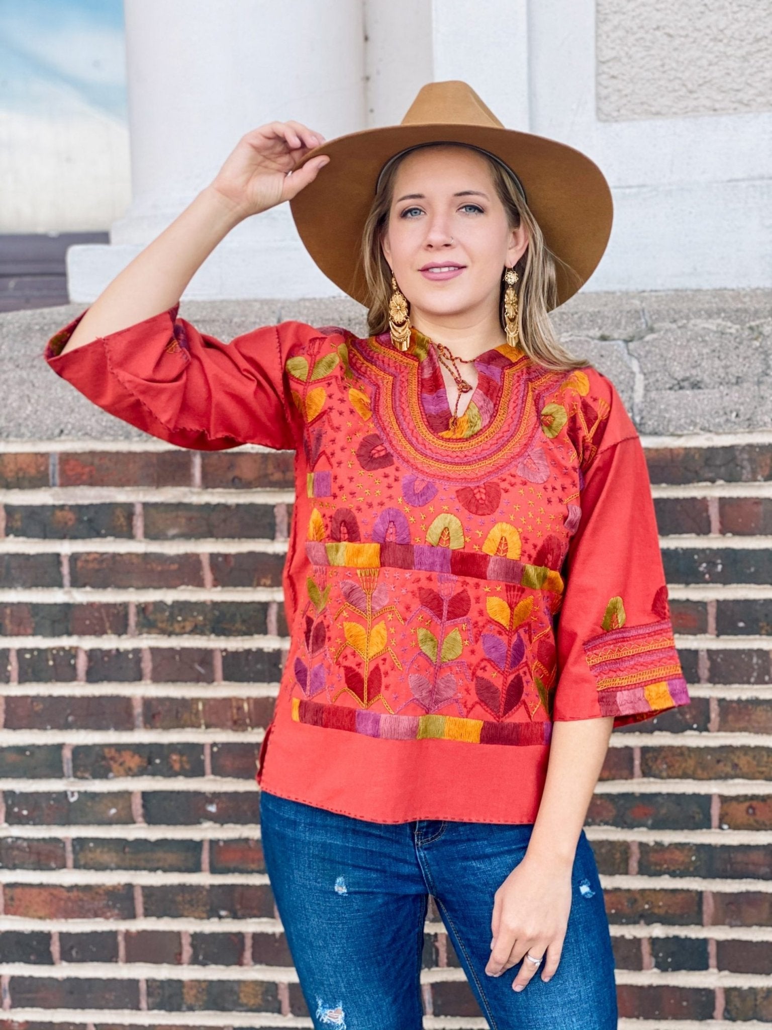 Milpas Multicolor Blouse 3/4 sleeve blouse. Lace up blouse. Hand embroidered Mexican colorful design - Solei Store