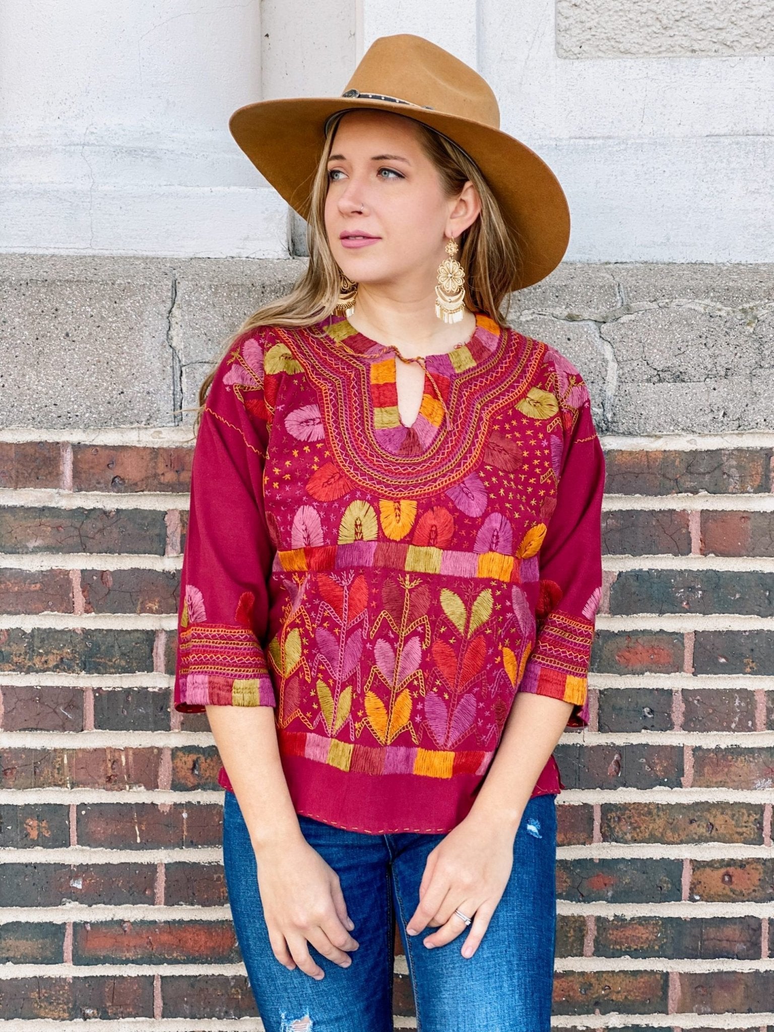 Milpas Multicolor Blouse 3/4 sleeve blouse. Lace up blouse. Hand embroidered Mexican colorful design - Solei Store