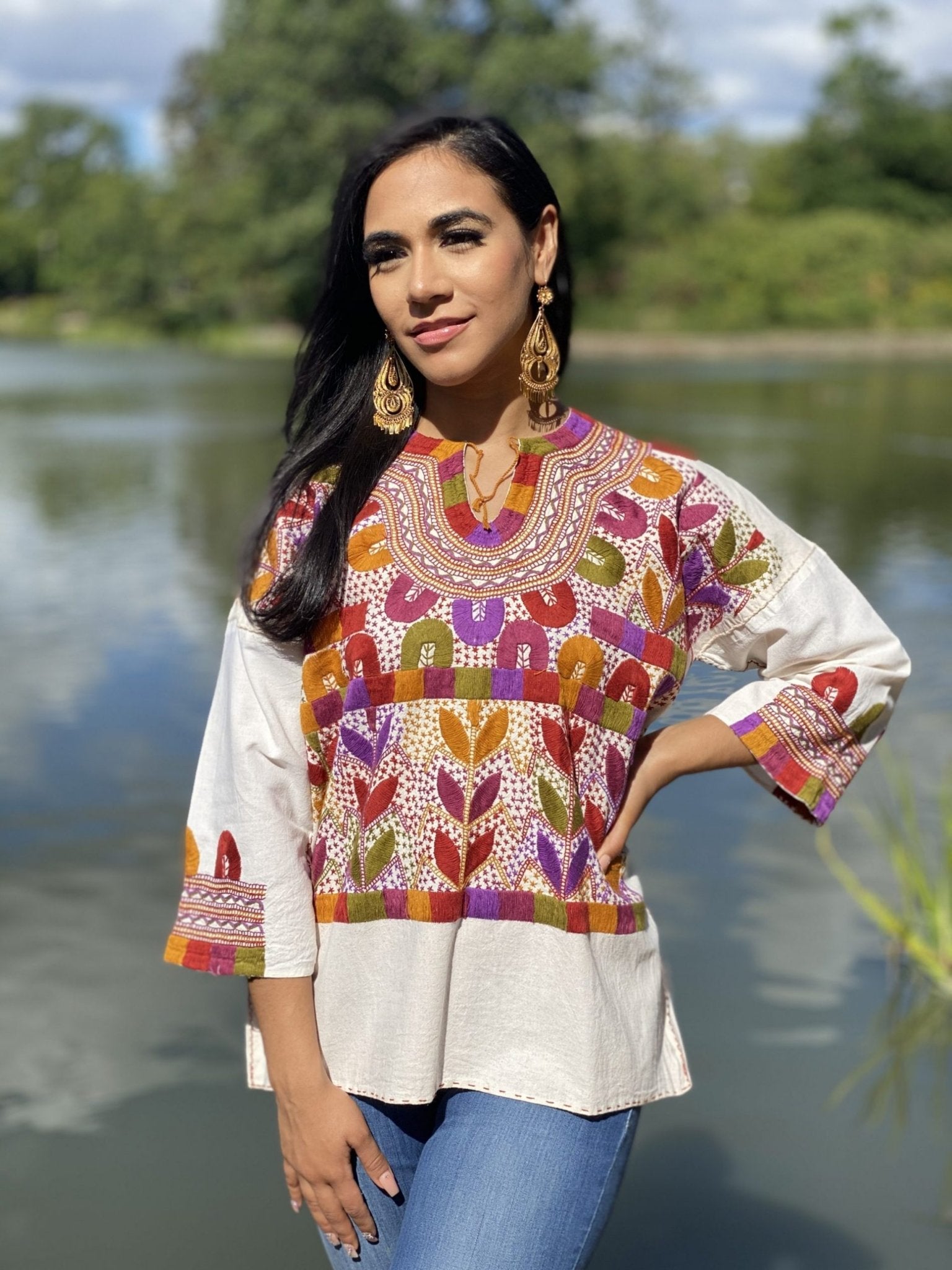 Milpas Multicolor Blouse 3/4 sleeve blouse. Lace up blouse. Hand embroidered Mexican colorful design - Solei Store