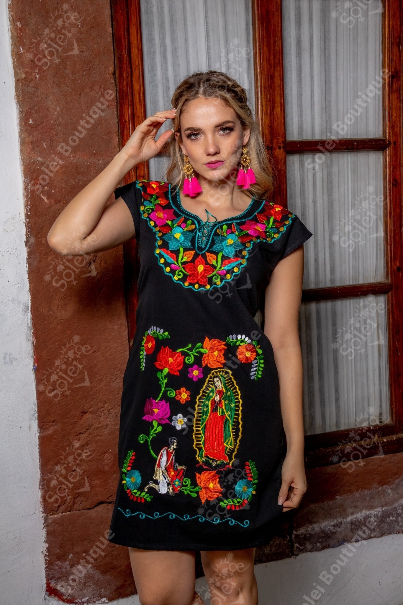 Our Lady of Guadalupe Mexican Embroidered Dress. Kimono de la Virgen. - Solei Store