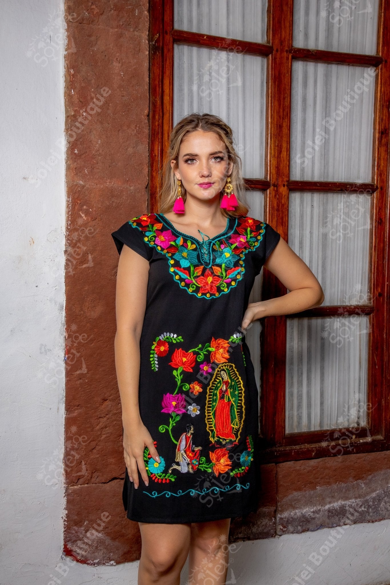 Our Lady of Guadalupe Mexican Embroidered Dress. Kimono de la Virgen. - Solei Store