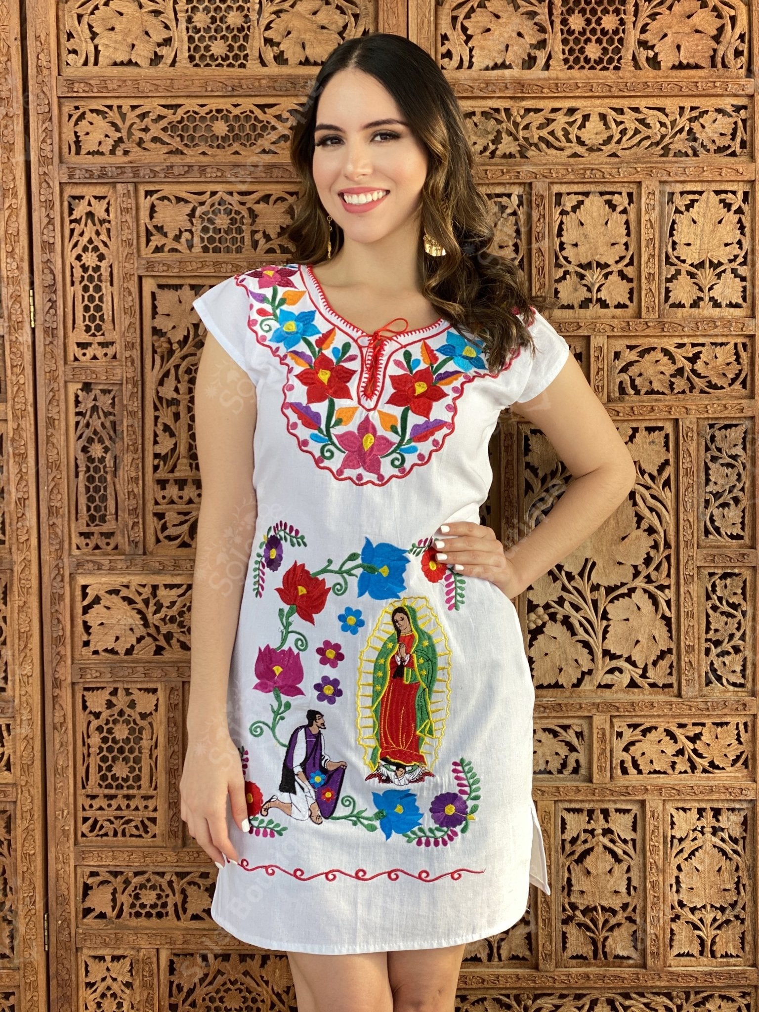 Our Lady of Guadalupe Mexican Embroidered Dress. Kimono de la Virgen. - Solei Store