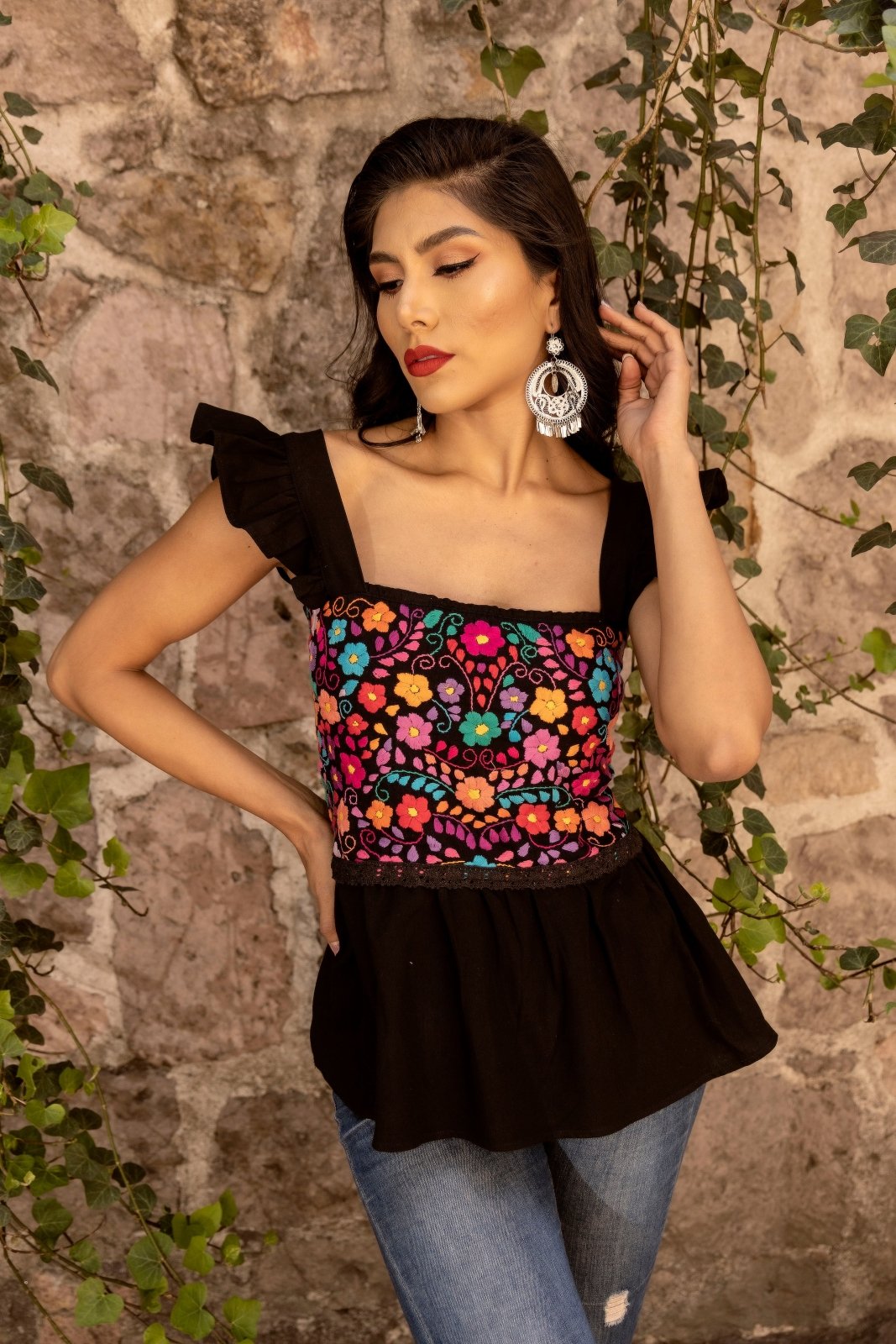 Multicolor Floral Embroidered Blouse. Mexican Top. Black Blouse.