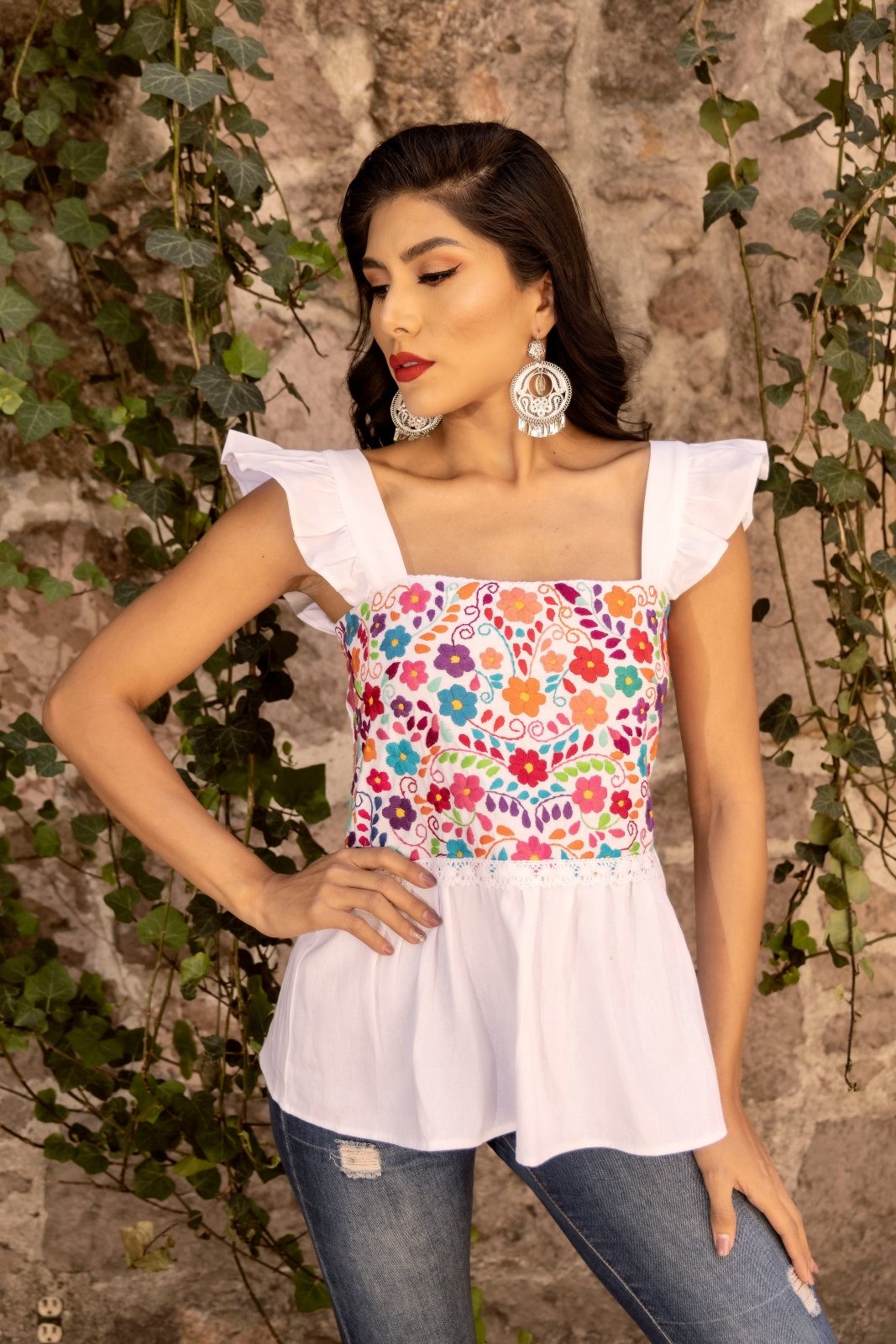 Multicolor Floral Embroidered Mexican Blouse. White Blouse.