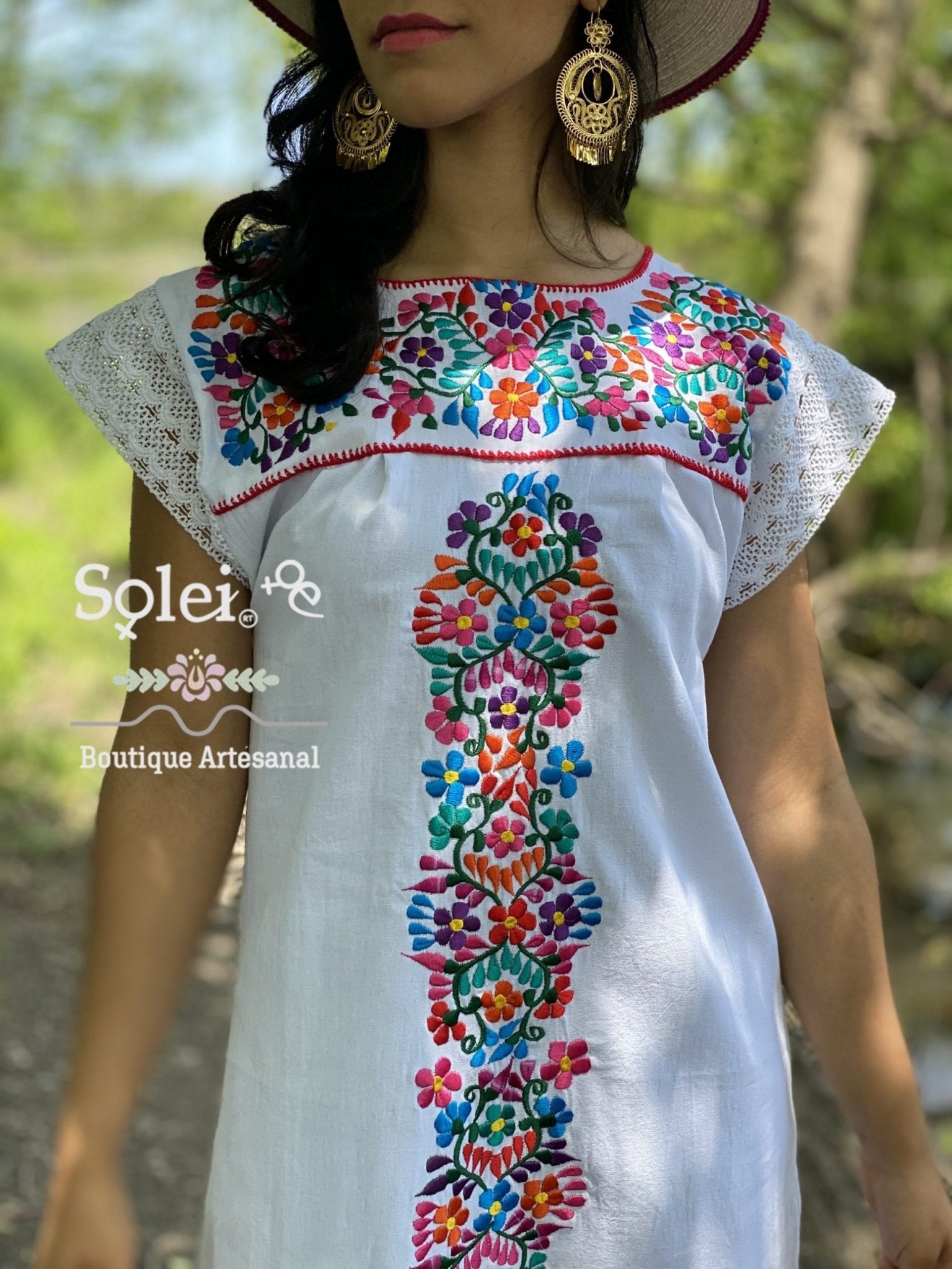 Reyna Dress floral embroidery and fine lace sleeves - Solei Store