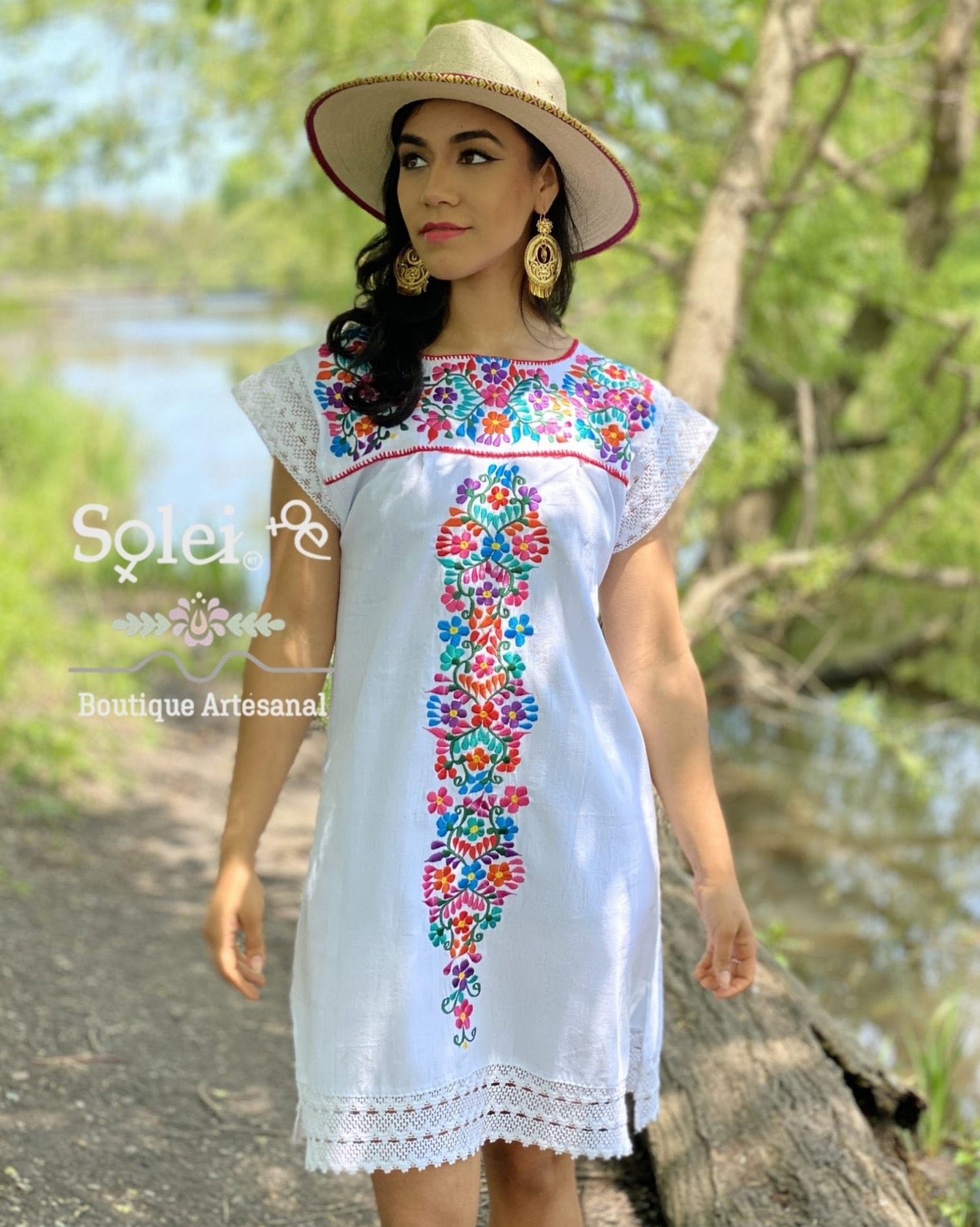 Reyna Dress floral embroidery and fine lace sleeves - Solei Store