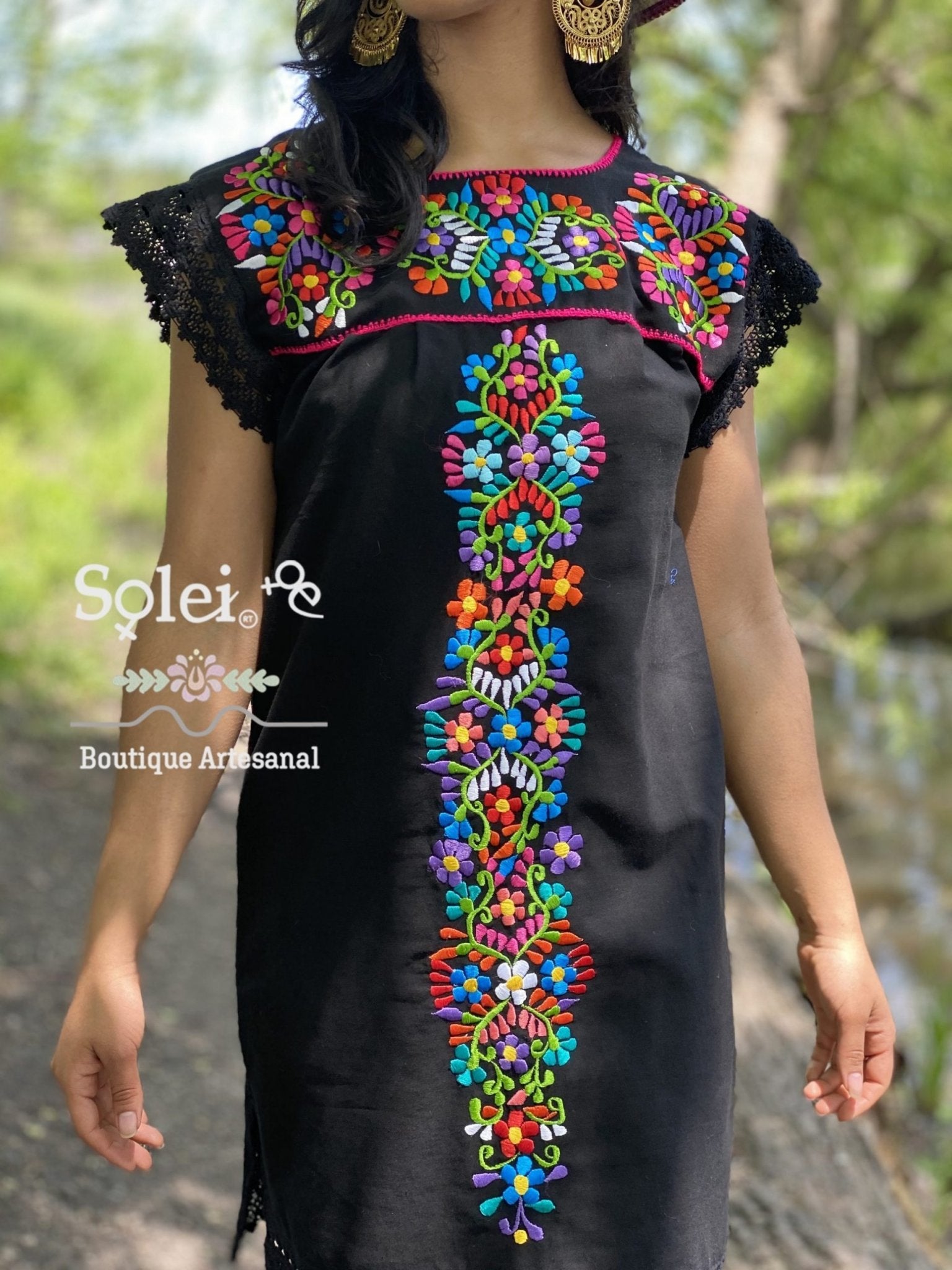 Reyna Dress floral embroidery and fine lace sleeves - Solei Store