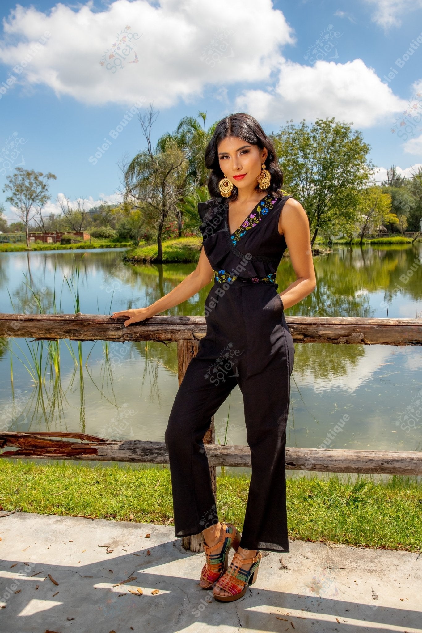 Ruffle Top Mexican Jumpsuit. Hand Embroidered Floral Jumpsuit. Jumpsuit Escarola. - Solei Store