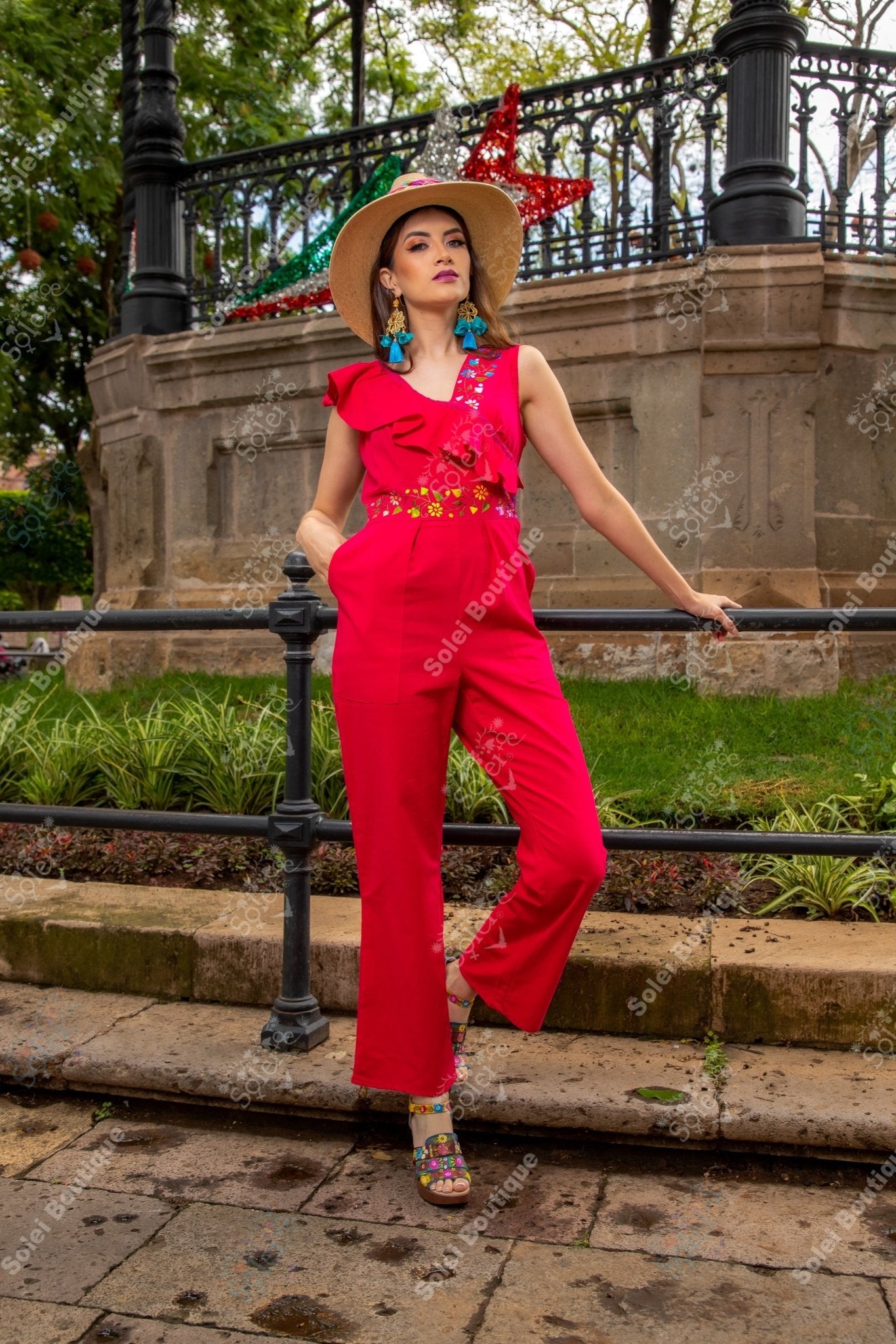 Ruffle Top Mexican Jumpsuit. Hand Embroidered Floral Jumpsuit. Jumpsuit Escarola. - Solei Store