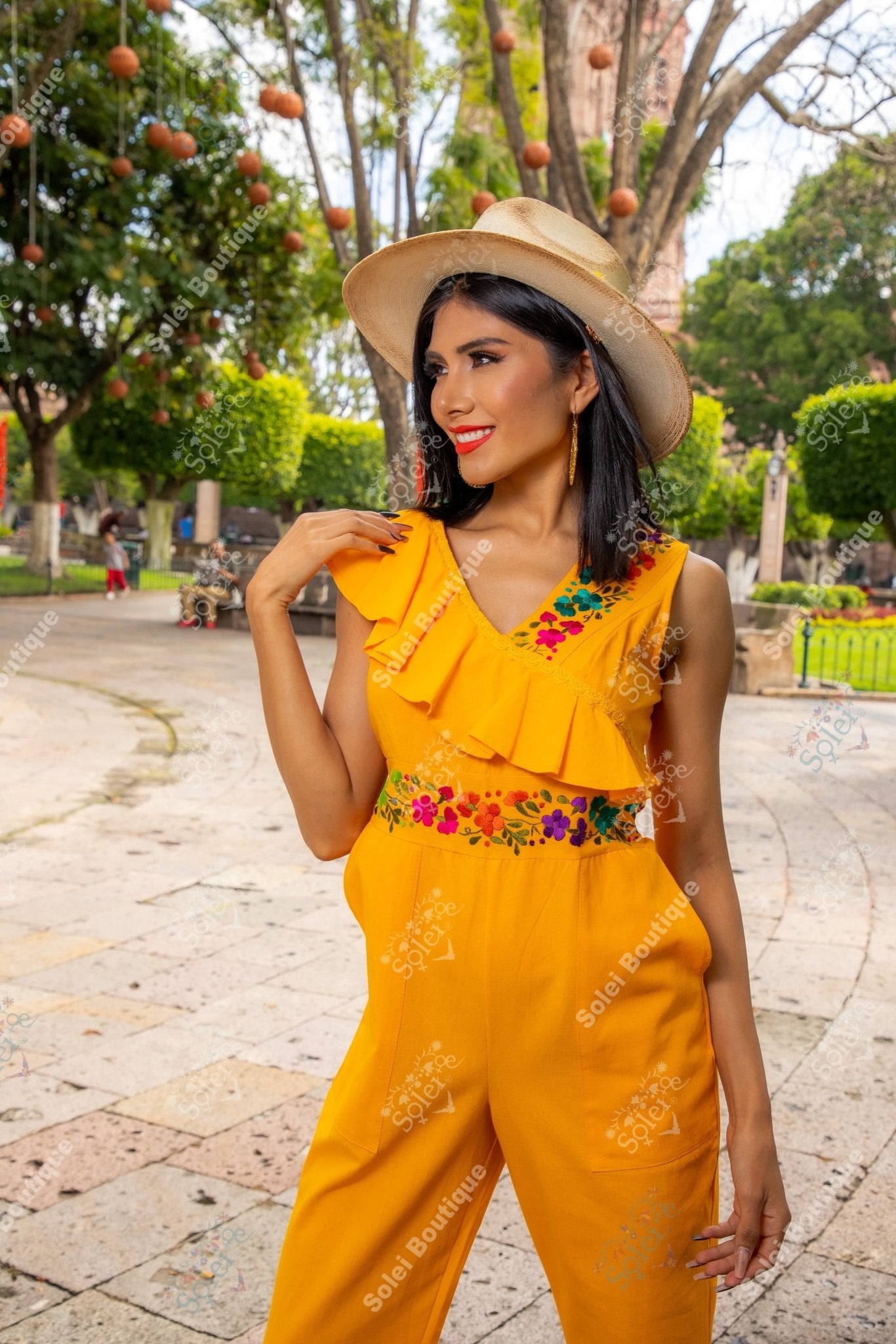 Ruffle Top Mexican Jumpsuit. Hand Embroidered Floral Jumpsuit. Jumpsuit Escarola. - Solei Store